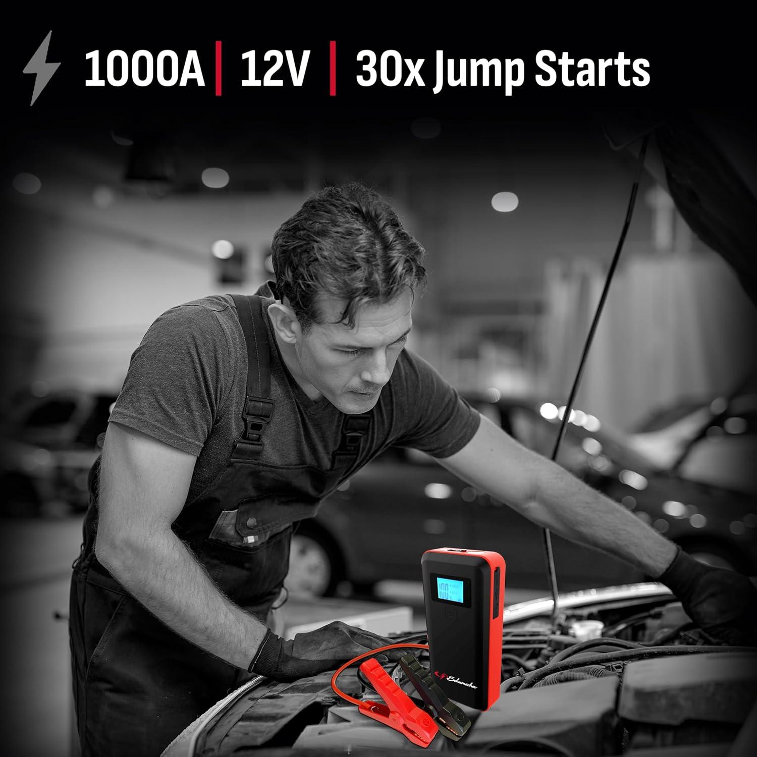 imageSchumacher Electric 1000 Peak Amp 12V Portable Lithium Car Battery Jump Starter ampamp Power Pack  Lithium Ion Jump Box  with USB Charging ampamp LED Emergency Light  SL16391000 Amp