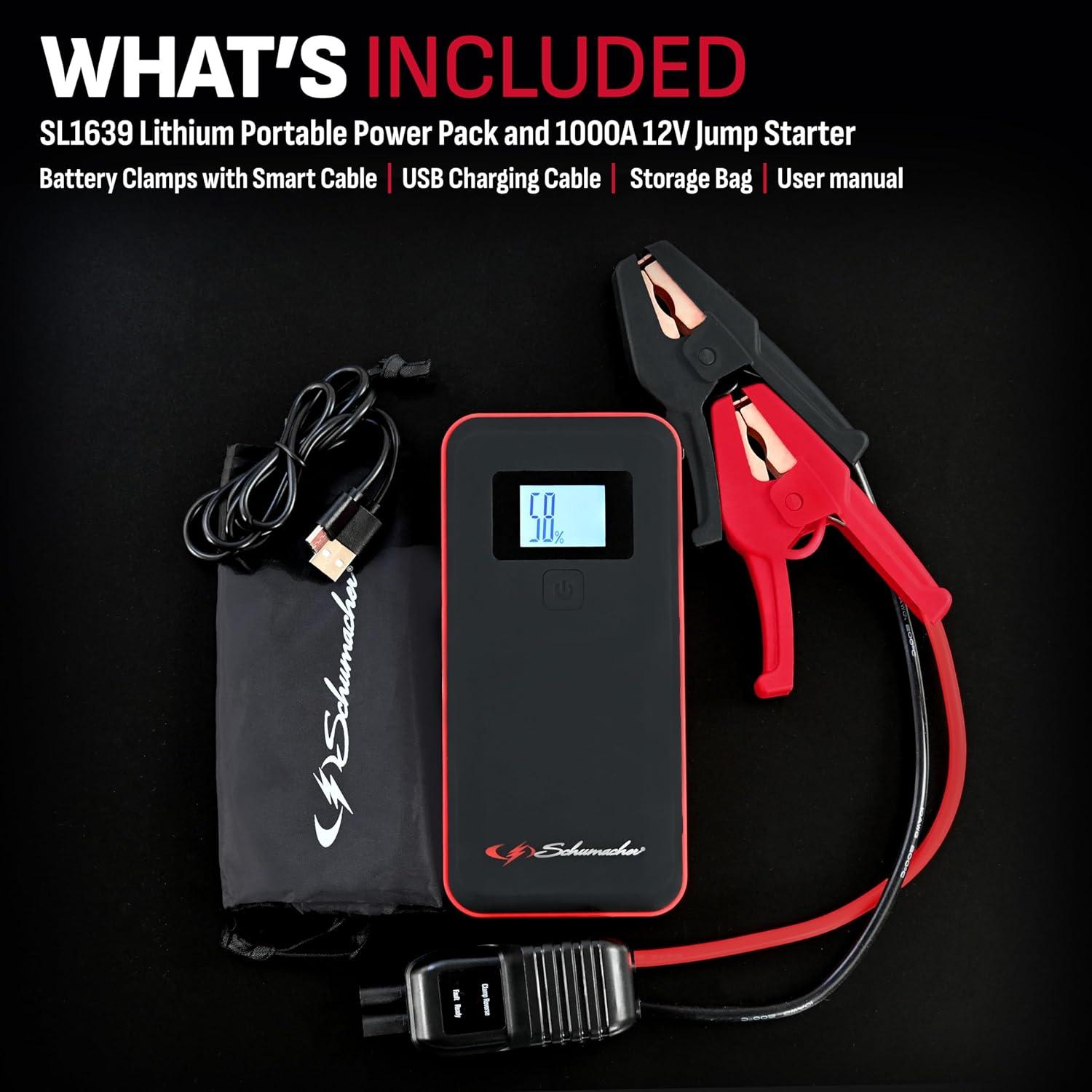 imageSchumacher Electric 1000 Peak Amp 12V Portable Lithium Car Battery Jump Starter ampamp Power Pack  Lithium Ion Jump Box  with USB Charging ampamp LED Emergency Light  SL16391000 Amp Pack of 2