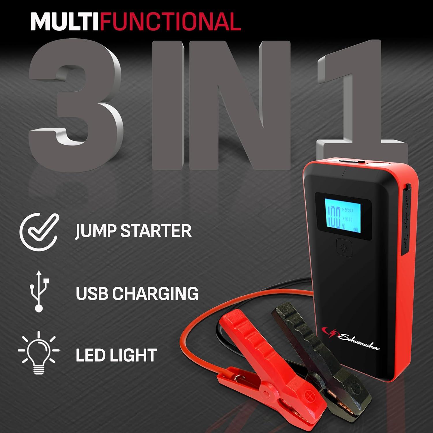 imageSchumacher Electric 1000 Peak Amp 12V Portable Lithium Car Battery Jump Starter ampamp Power Pack  Lithium Ion Jump Box  with USB Charging ampamp LED Emergency Light  SL16391000 Amp Pack of 2