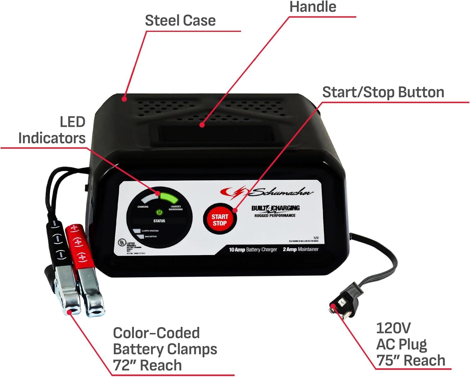 imageSchumacher Electric 10A Car Battery Charger and Maintainer 3in1 Solution for 12V Power Sport Automotive and Marine Batteries SC1282