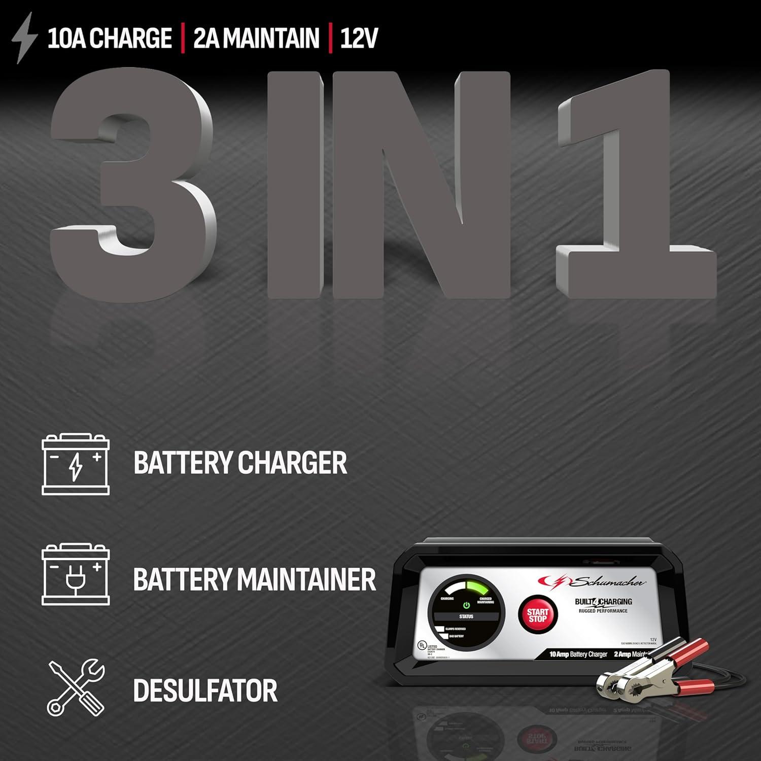 imageSchumacher Electric 10A Car Battery Charger and Maintainer 3in1 Solution for 12V Power Sport Automotive and Marine Batteries SC1282