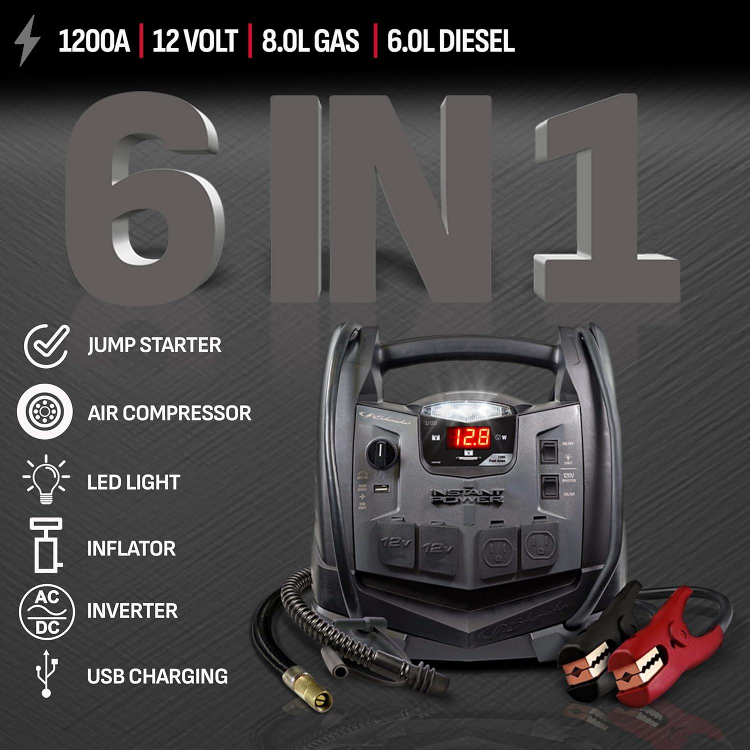 imageSchumacher Electric 1200A Car Battery Jump Starter and Portable Power Station 6in1 Solution for 12V Batteries 150PSI Air Compressor 200 Continuous400 Peak Watt Inverter SJ1332