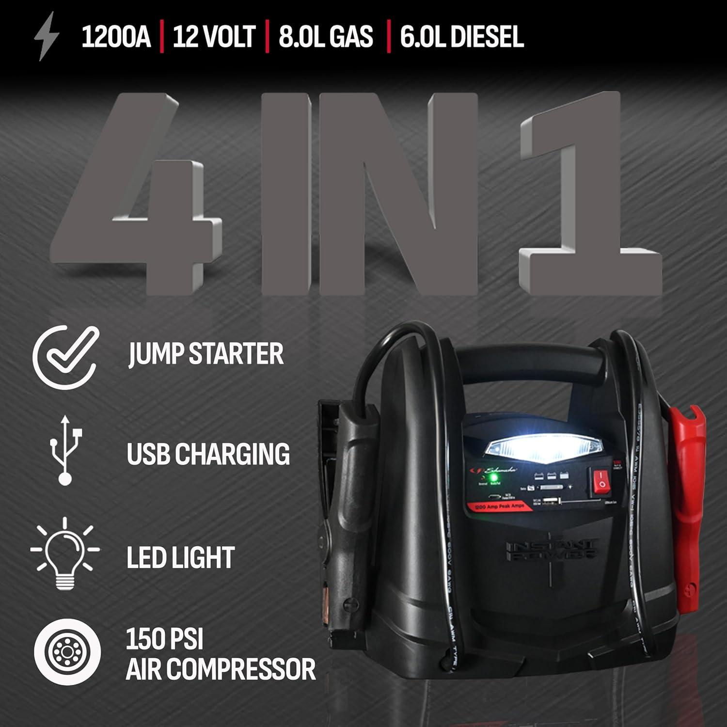 imageSchumacher Electric 1200A Lithium Car Battery Jump Starter and Power Station 4in1 Solution 150PSI Air Compressor 24A USB Charging for 12V Power Sport Automotive and Marine Batteries SL1562
