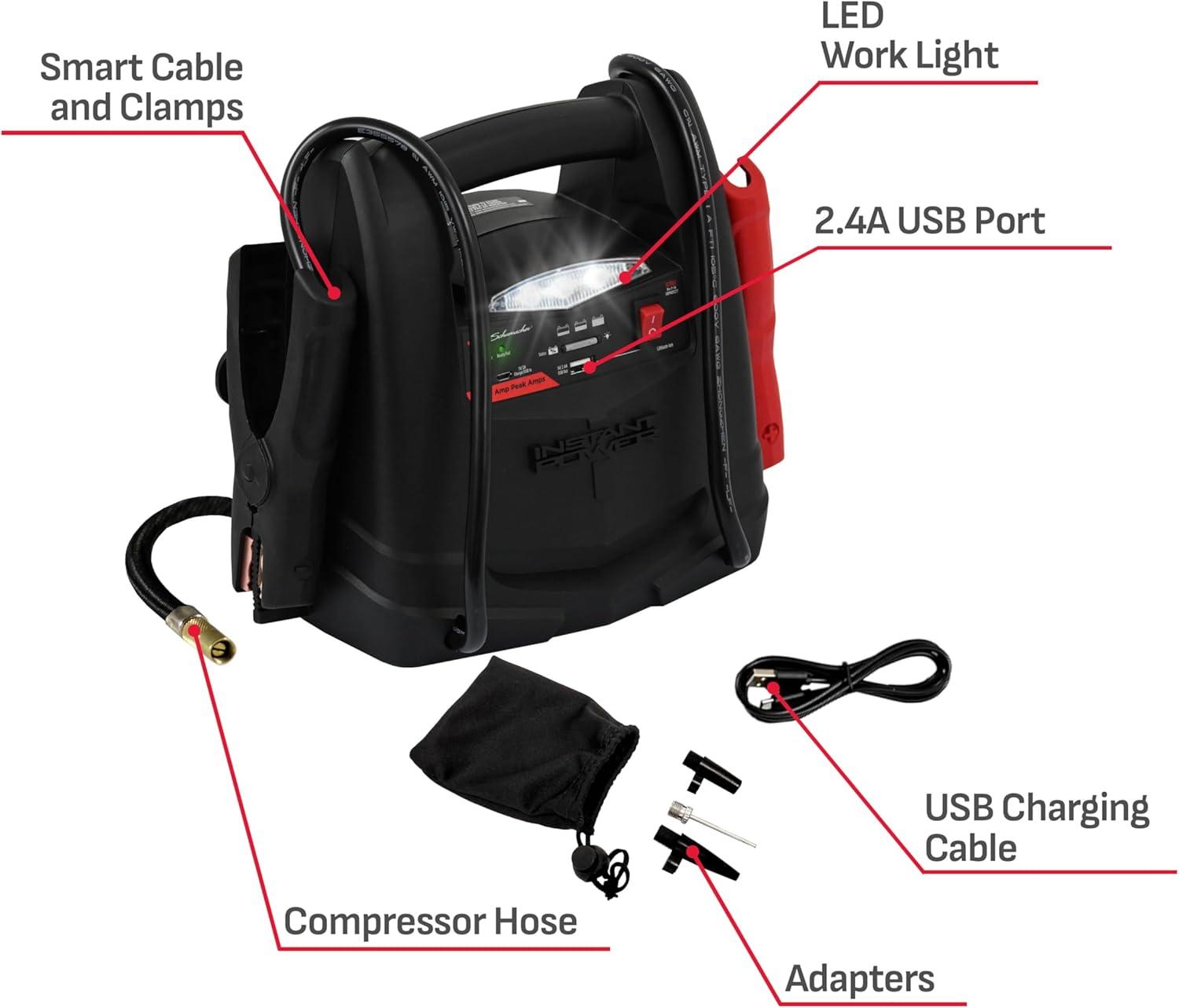 imageSchumacher Electric 1200A Lithium Car Battery Jump Starter and Power Station 4in1 Solution 150PSI Air Compressor 24A USB Charging for 12V Power Sport Automotive and Marine Batteries SL1562