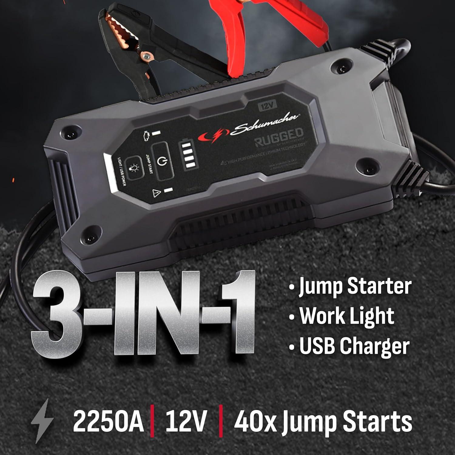 imageSchumacher Electric 1250A Rugged Lithium Car Battery Jump Starter and Portable Power PackJump Box 3in1 Solution 24A USB Charging for 12V Power Sport Automotive and Marine Batteries SL16482250 Amp