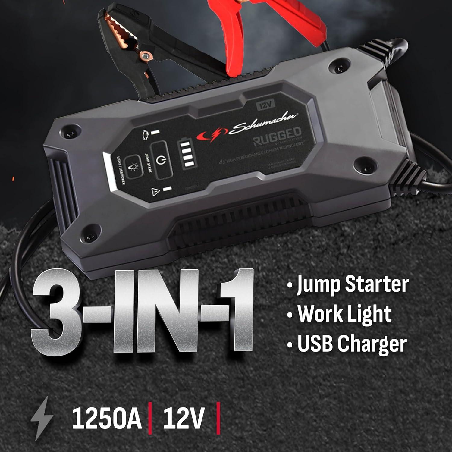 imageSchumacher Electric 1250A Rugged Lithium Car Battery Jump Starter and Portable Power PackJump Box 3in1 Solution 24A USB Charging for 12V Power Sport Automotive and Marine Batteries SL16481250 Amp