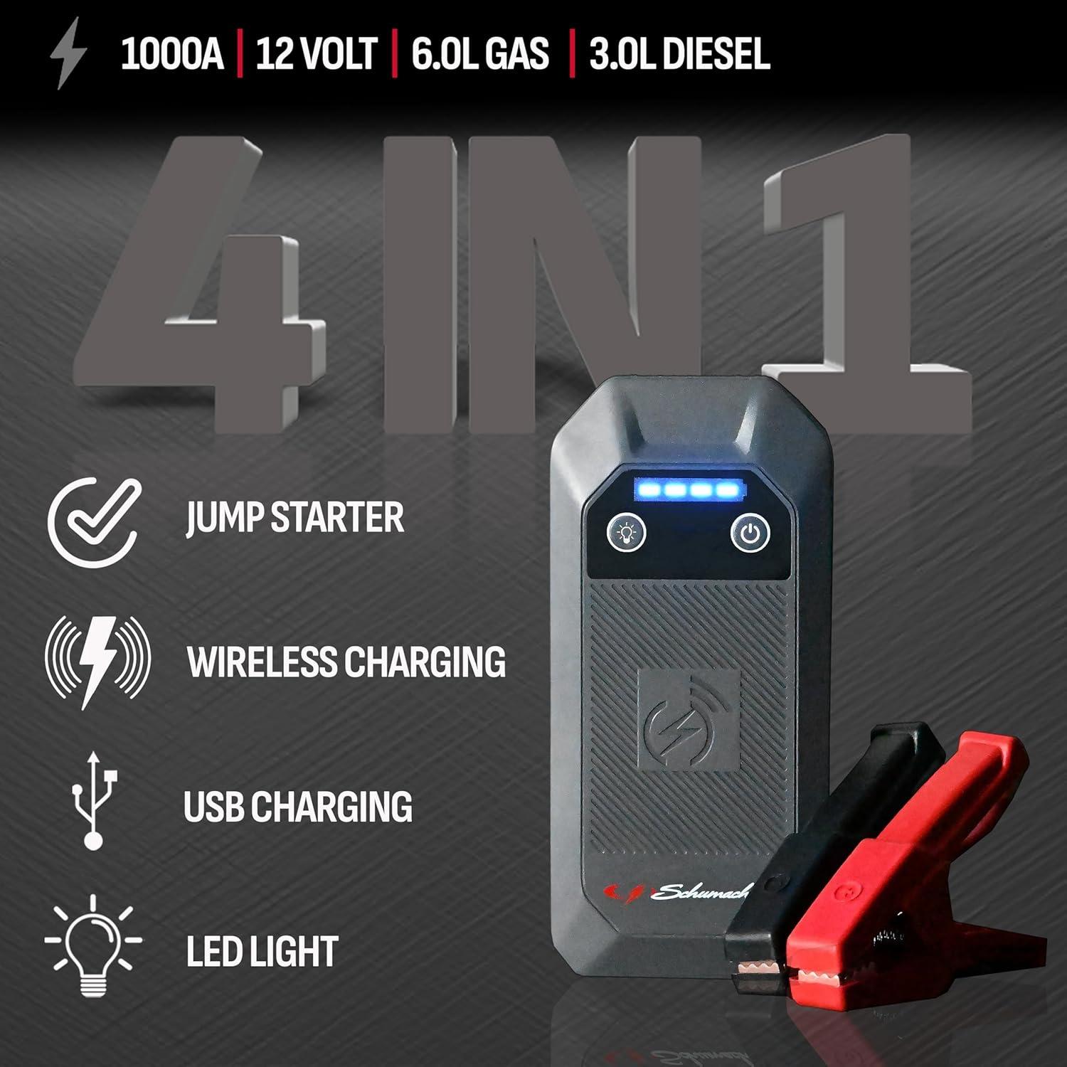 imageSchumacher Electric 12V Lithium Jump Starter ampamp Power Pack  Portable 1000A Battery Jumper with 10W Wireless Charging USBAUSBC Fast Charging ampamp MultiMode LED Flashlight  4in1 SL1672