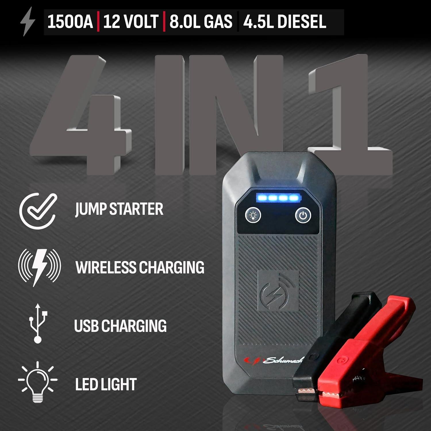 imageSchumacher Electric 12V Lithium Jump Starter ampamp Power Pack  Portable 1500A Battery Jumper with 10W Wireless Charging USBAUSBC Fast Charging ampamp MultiMode LED Flashlight  4in1 SL1674