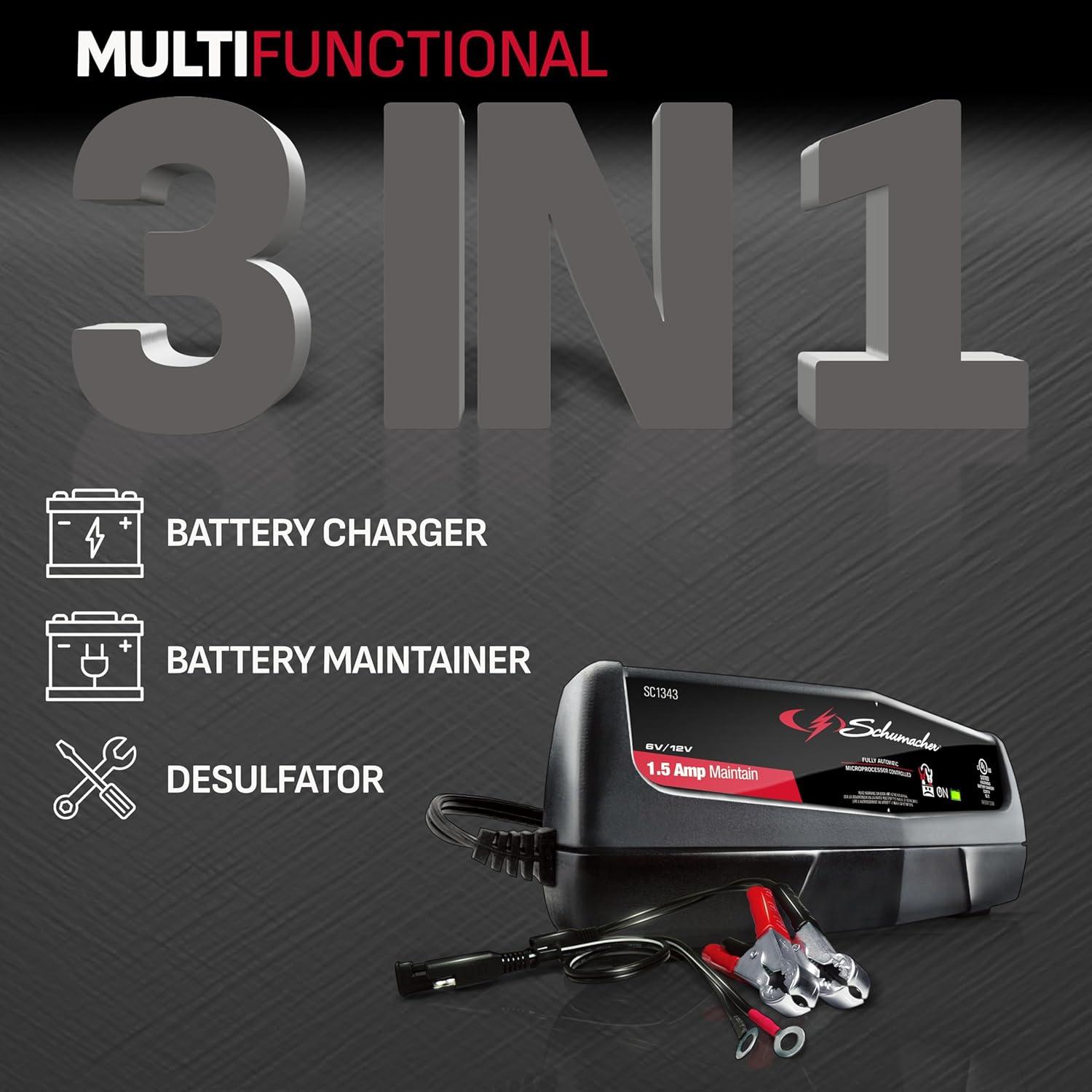 imageSchumacher Electric 15A Car Battery Charger and Maintainer 3in1 Solution for 6V12V Batteries Power Sport Automotive and Marine Batteries SC1343