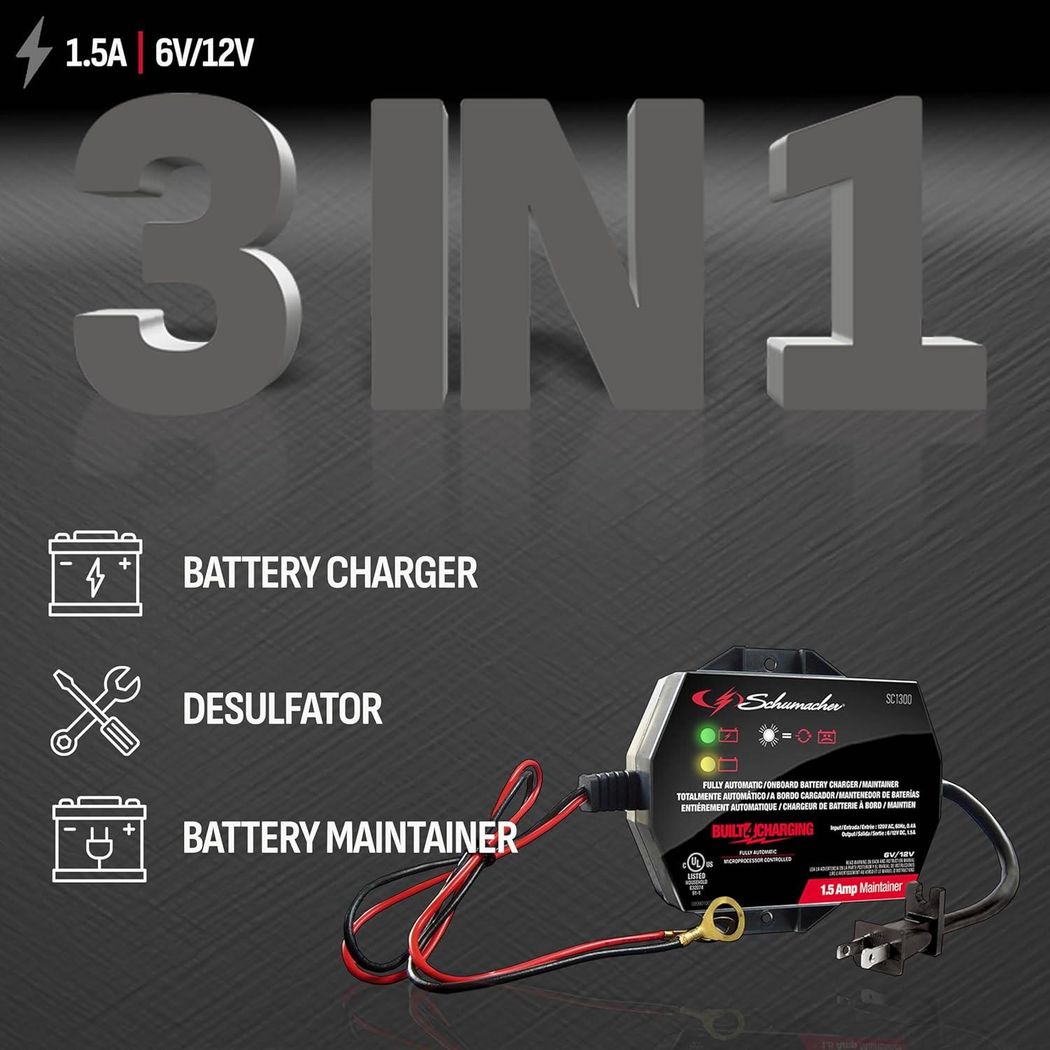 imageSchumacher Electric 15A Car Battery Charger and Maintainer 3in1 Solution for 6V12V Power Sport Automotive and Marine Batteries SC1300Fully Automatic  15 Amps  6 Volt  12 Volt