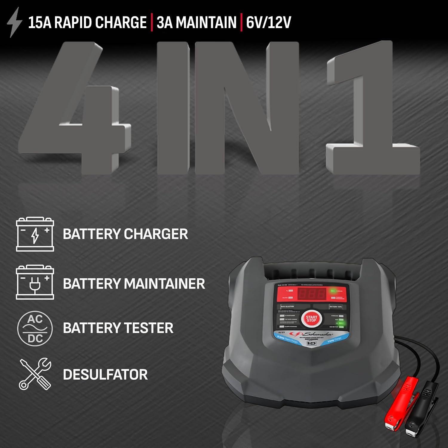 imageSchumacher Electric 15A Car Battery Charger and Maintainer 4in1 Solution for 6V12V Power Sport Automotive and Marine Batteries SC1280