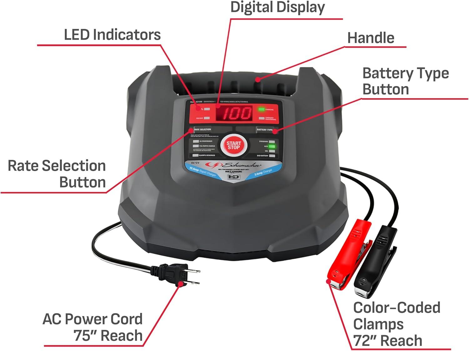 imageSchumacher Electric 15A Car Battery Charger and Maintainer 4in1 Solution for 6V12V Power Sport Automotive and Marine Batteries SC1280