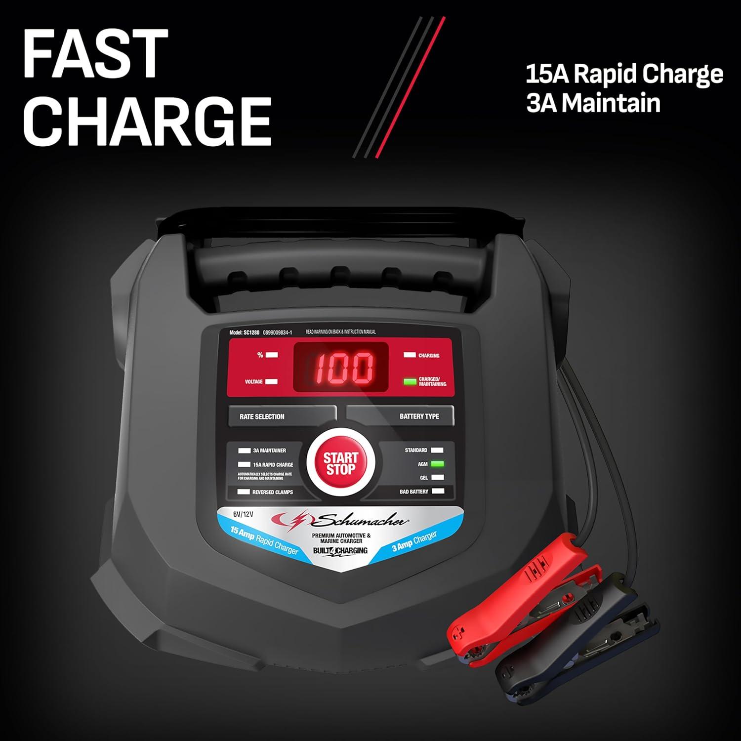 imageSchumacher Electric 15A Car Battery Charger and Maintainer 4in1 Solution for 6V12V Power Sport Automotive and Marine Batteries SC1280