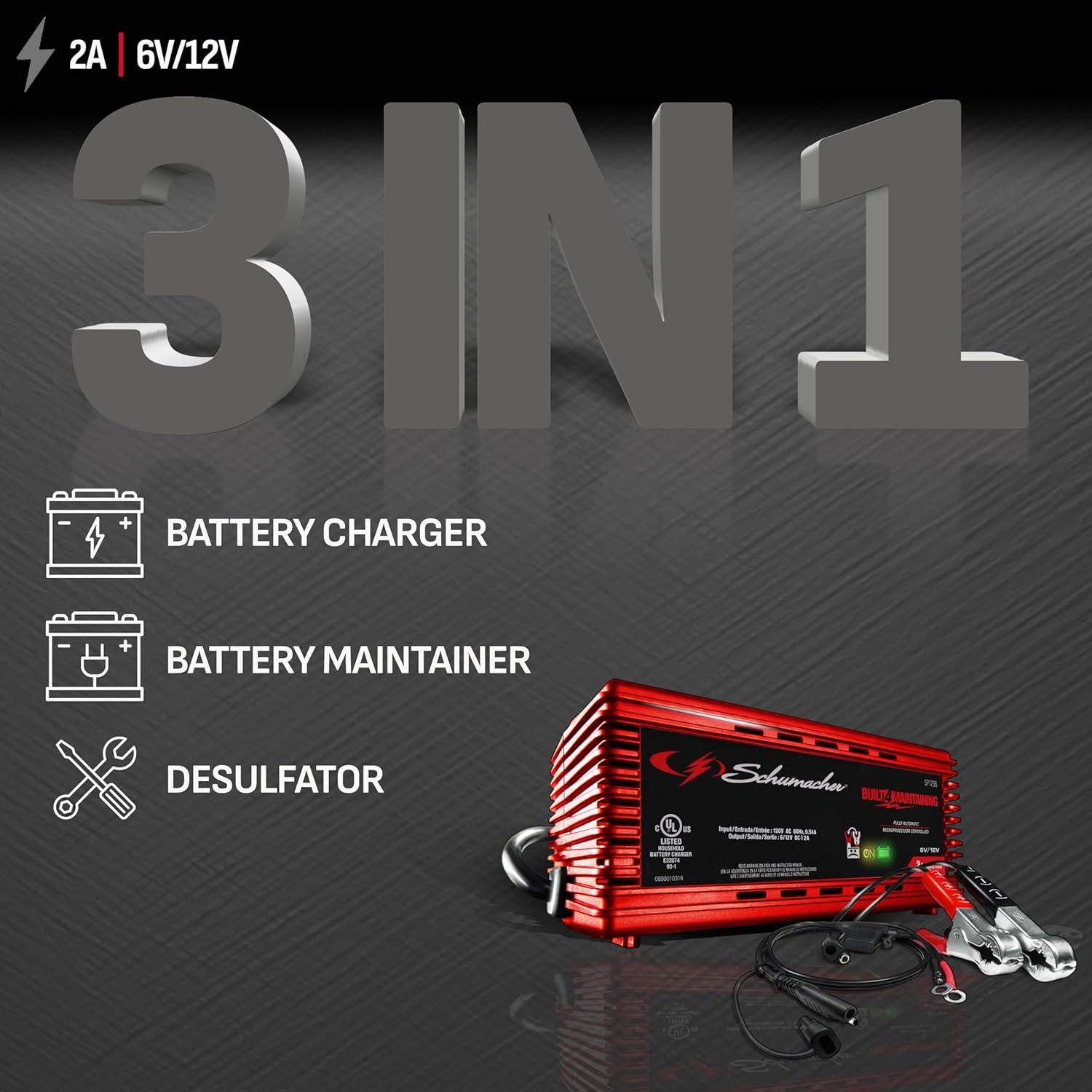 imageSchumacher Electric 2A Car Battery Charger and Maintainer 3in1 Solution for 6V12V Power Sport Automotive and Marine Batteries SP1296