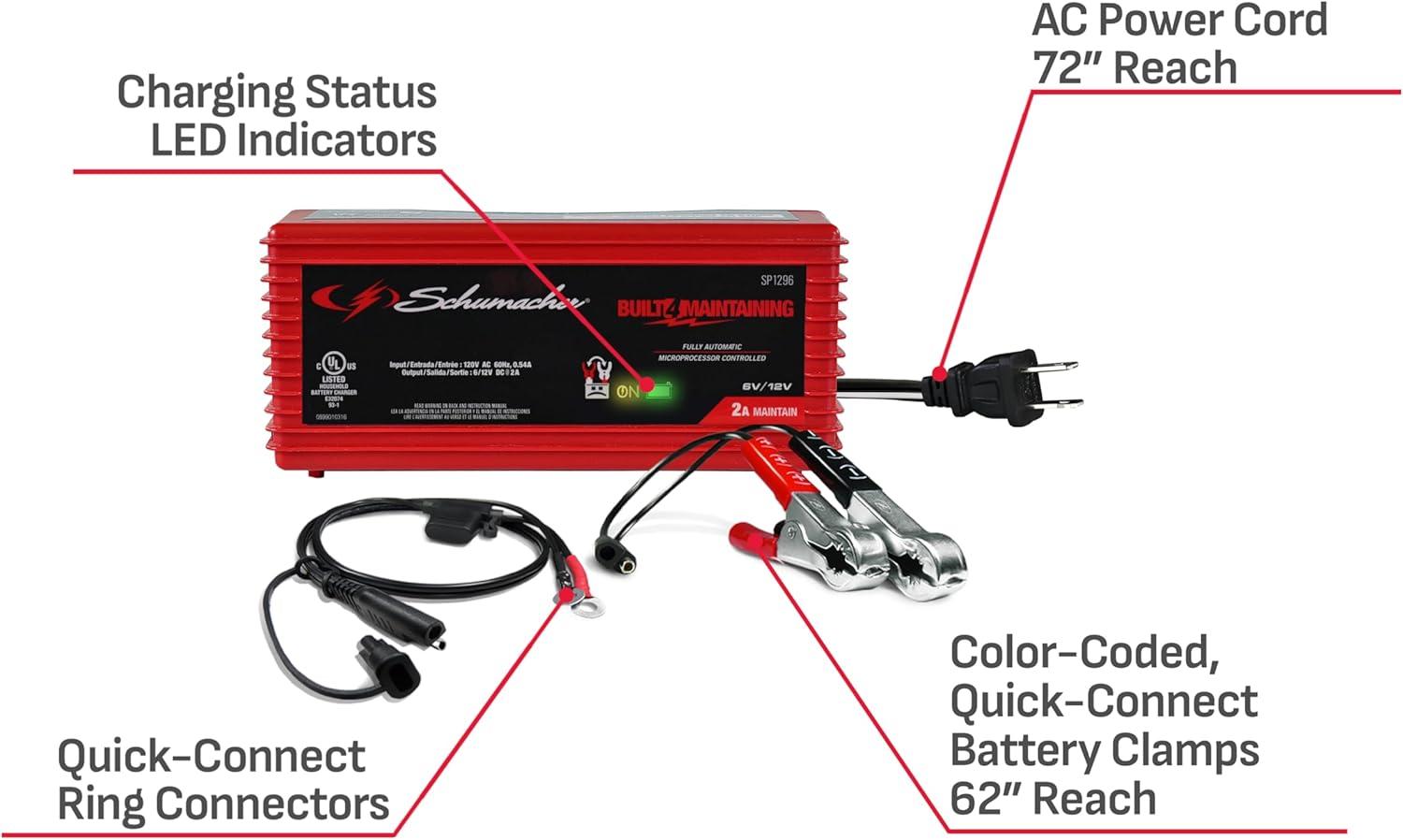 imageSchumacher Electric 2A Car Battery Charger and Maintainer 3in1 Solution for 6V12V Power Sport Automotive and Marine Batteries SP1296