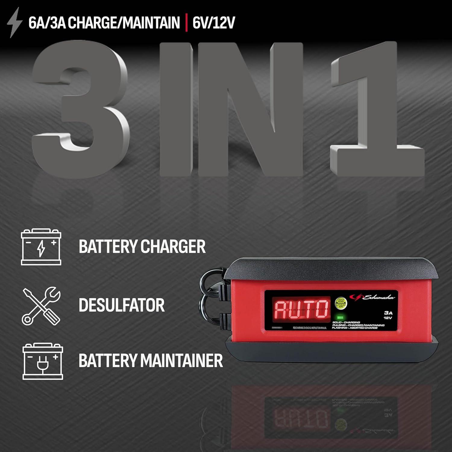 imageSchumacher Electric 3A Car Battery Charger and Maintainer 3in1 Solution for 12V Power Sport Automotive and Marine Batteries SP1297Automotive Battery Charger and Maintainer