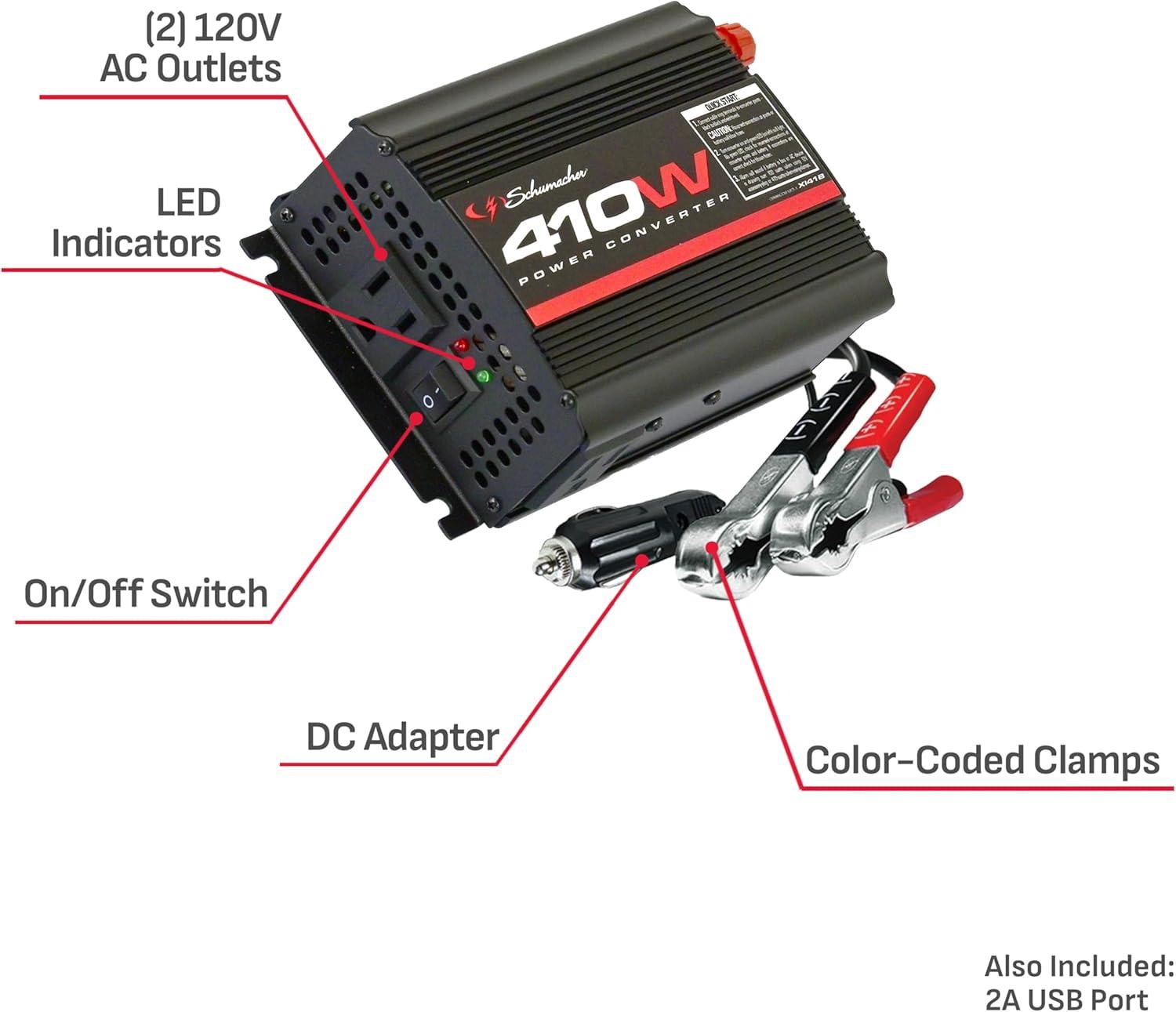 imageSchumacher Electric 410 Continuous820 Peak Watt DCtoAC Power Converter Dual 120V AC Outlets and 2A USB Port Modified Sine Wave for 12V Automotive and Marine Batteries XI41B