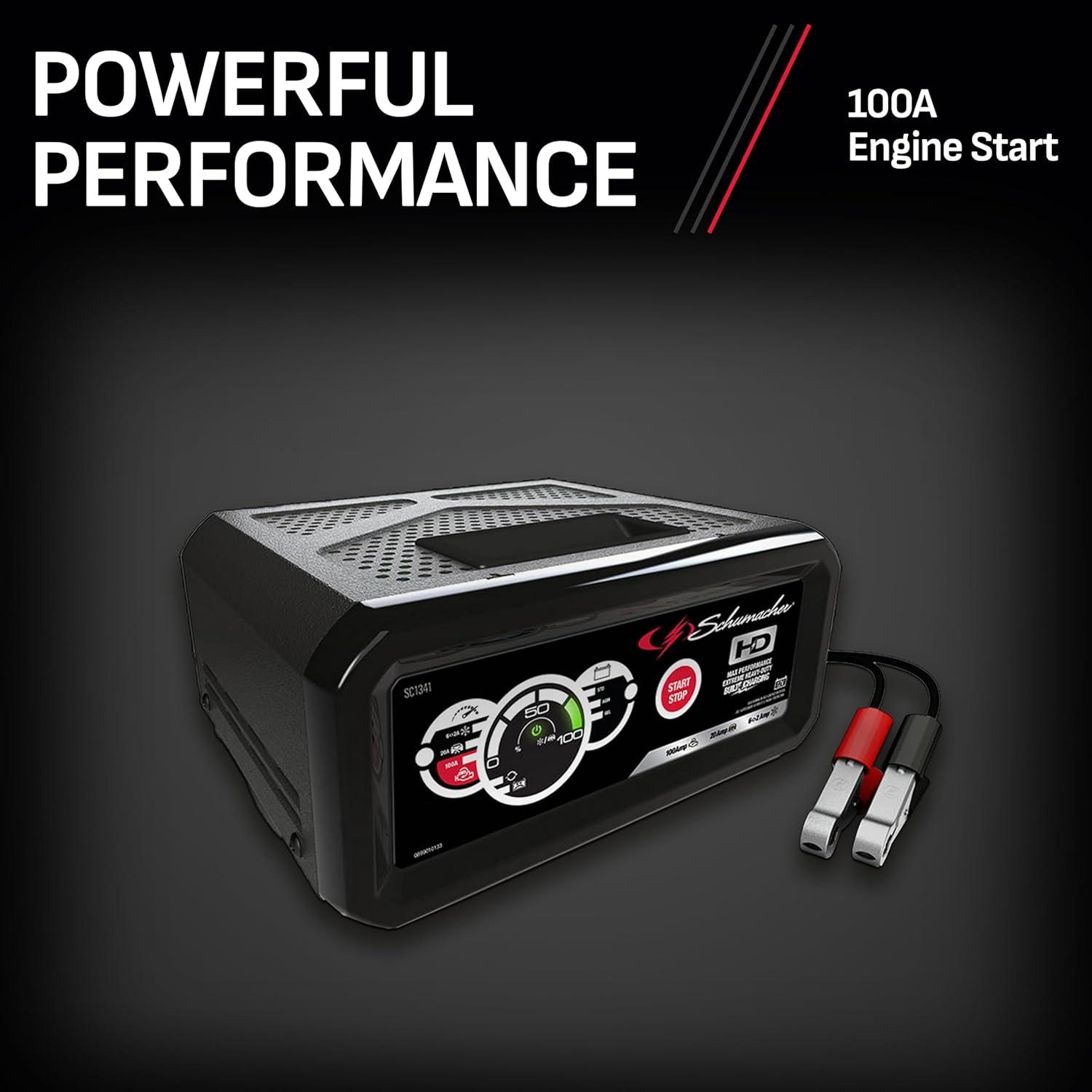 imageSchumacher Electric 6A Car Battery Charger and 100A Engine Starter 4in1 Solution Maintainer 20A Boost for 12V Power Sport Automotive and Marine Batteries SC1341