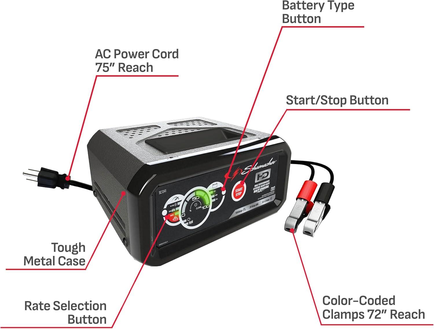 imageSchumacher Electric 6A Car Battery Charger and 100A Engine Starter 4in1 Solution Maintainer 20A Boost for 12V Power Sport Automotive and Marine Batteries SC1341