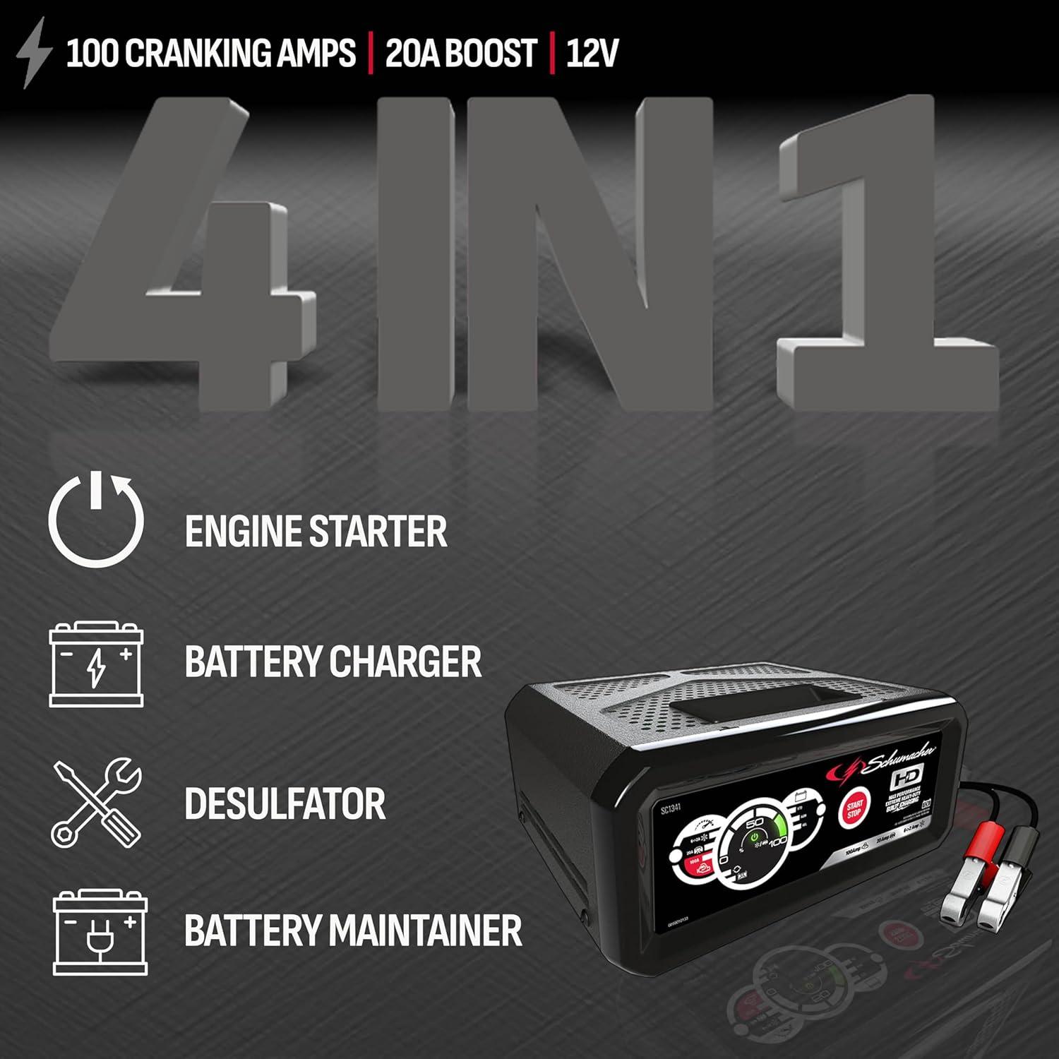 imageSchumacher Electric 6A Car Battery Charger and 100A Engine Starter 4in1 Solution Maintainer 20A Boost for 12V Power Sport Automotive and Marine Batteries SC1341