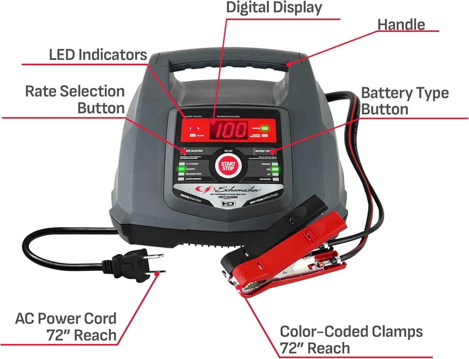 imageSchumacher Electric 6A Car Battery Charger and 100A Engine Starter 5in1 Solution Maintainer 30A Boost for 6V12V Power Sport Automotive and Marine Batteries SC1281