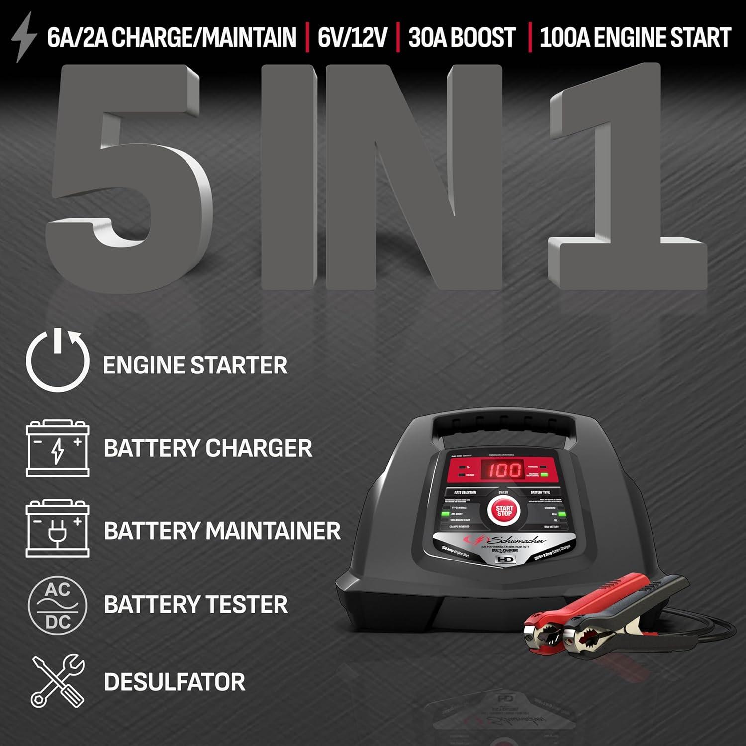 imageSchumacher Electric 6A Car Battery Charger and 100A Engine Starter 5in1 Solution Maintainer 30A Boost for 6V12V Power Sport Automotive and Marine Batteries SC1281