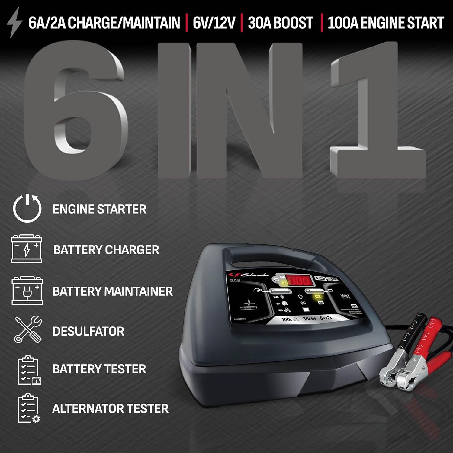 imageSchumacher Electric 6A Car Battery Charger and 100A Engine Starter 6in1 Solution Maintainer 30A Boost for 6V12V Power Sport Automotive and Marine Batteries SC13086V  12V Battery Charger  Engine Starter