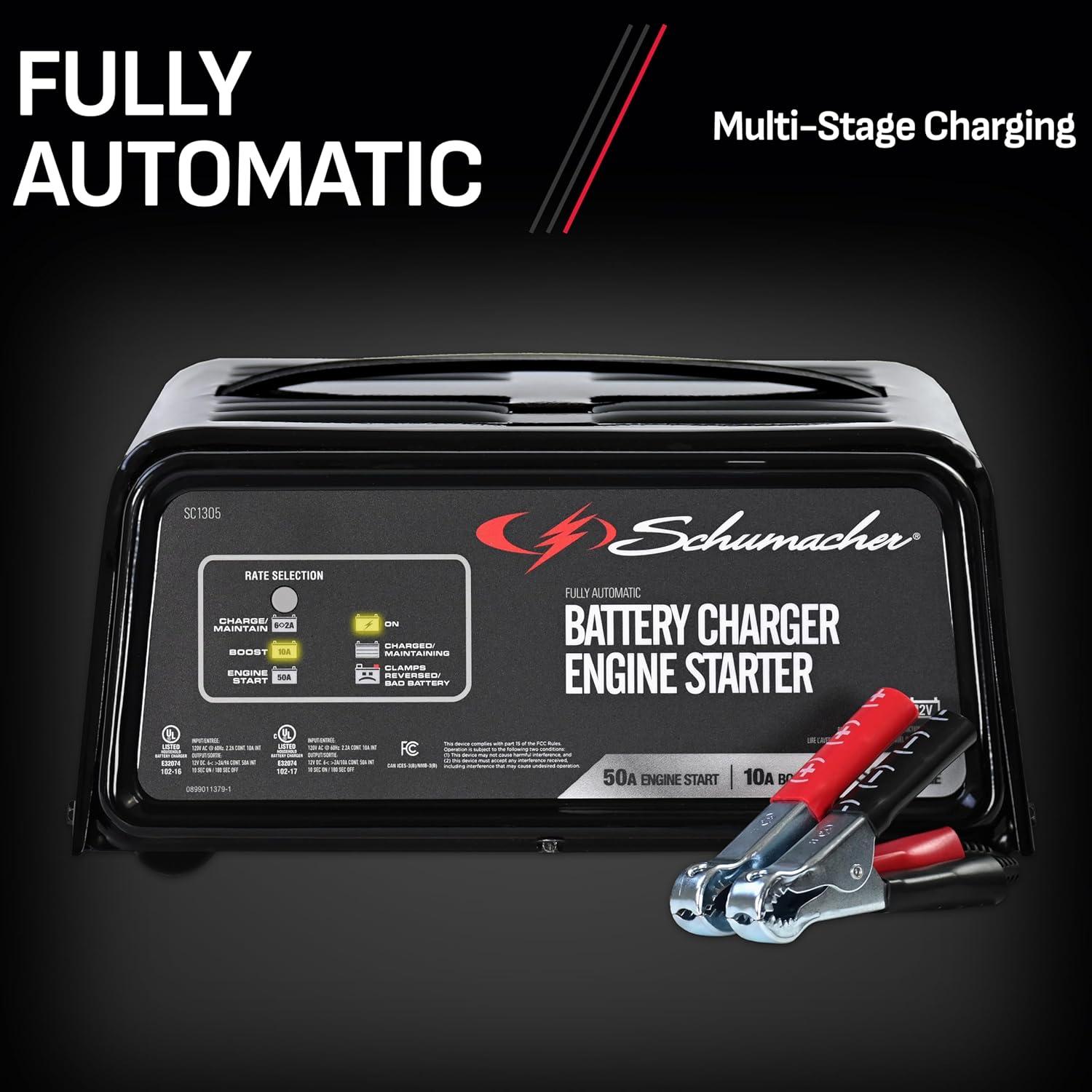 imageSchumacher Electric 6A Car Battery Charger and 50A Engine Starter 4in1 Solution Maintainer 10A Boost for 12V Power Sport Automotive and Marine Batteries SC130550amp engine start  10amp boost