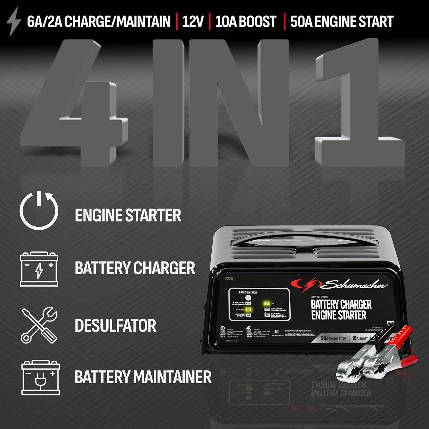 imageSchumacher Electric 6A Car Battery Charger and 50A Engine Starter 4in1 Solution Maintainer 10A Boost for 12V Power Sport Automotive and Marine Batteries SC130550amp engine start  10amp boost