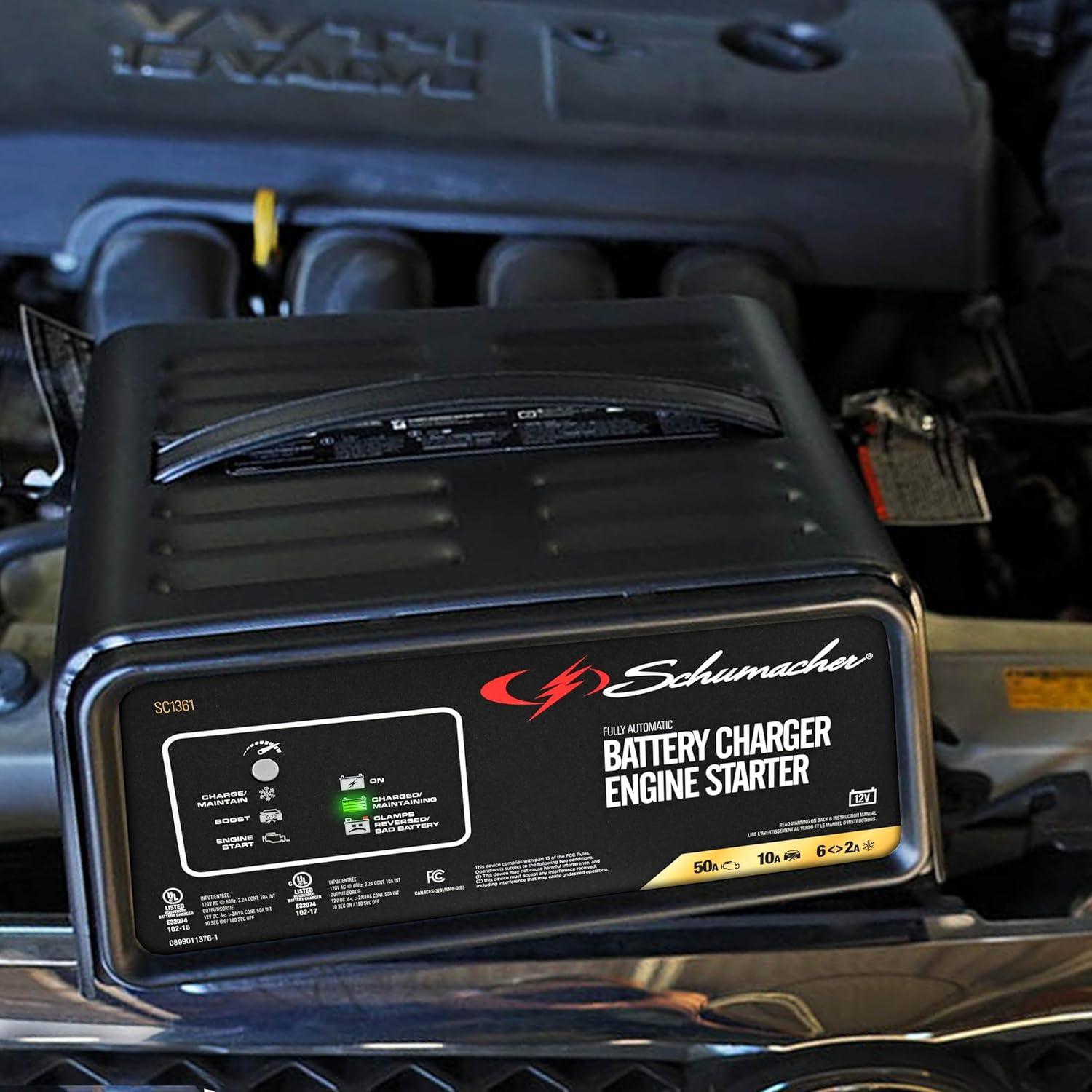 imageSchumacher Electric 6A Car Battery Charger and 50A Engine Starter 4in1 Solution Maintainer 10A Boost for 12V Power Sport Automotive and Marine Batteries SC136150A 12V Car Battery Charger