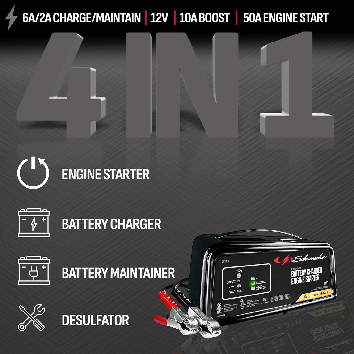 imageSchumacher Electric 6A Car Battery Charger and 50A Engine Starter 4in1 Solution Maintainer 10A Boost for 12V Power Sport Automotive and Marine Batteries SC136150A 12V Car Battery Charger