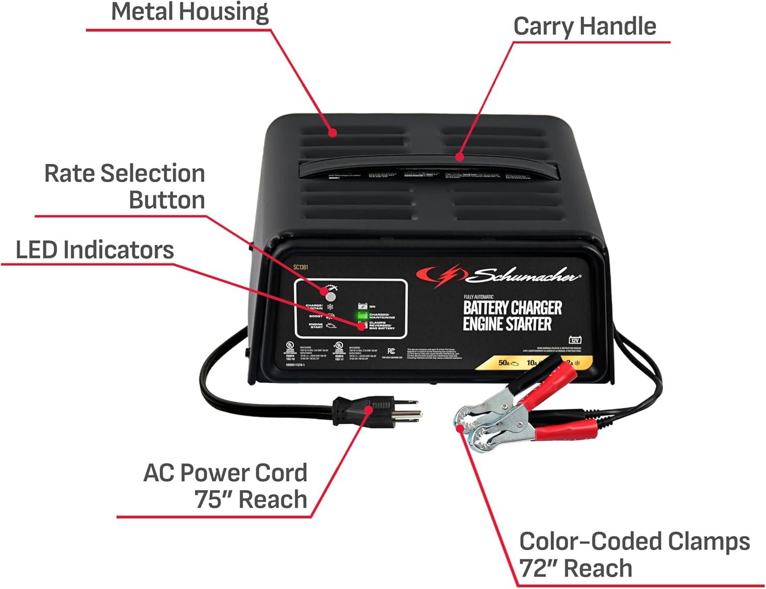 imageSchumacher Electric 6A Car Battery Charger and 50A Engine Starter 4in1 Solution Maintainer 10A Boost for 12V Power Sport Automotive and Marine Batteries SC136150A 12V Car Battery Charger