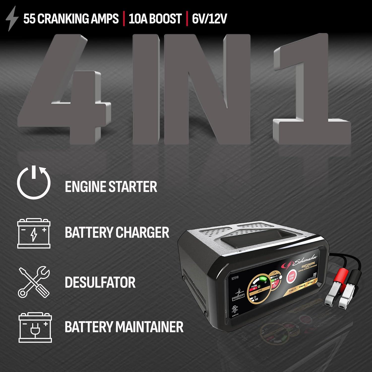 imageSchumacher Electric 6A Car Battery Charger and 55A Engine Starter 4in1 Solution Maintainer 10A Boost for 6V12V Power Sport Automotive and Marine Batteries SC1340