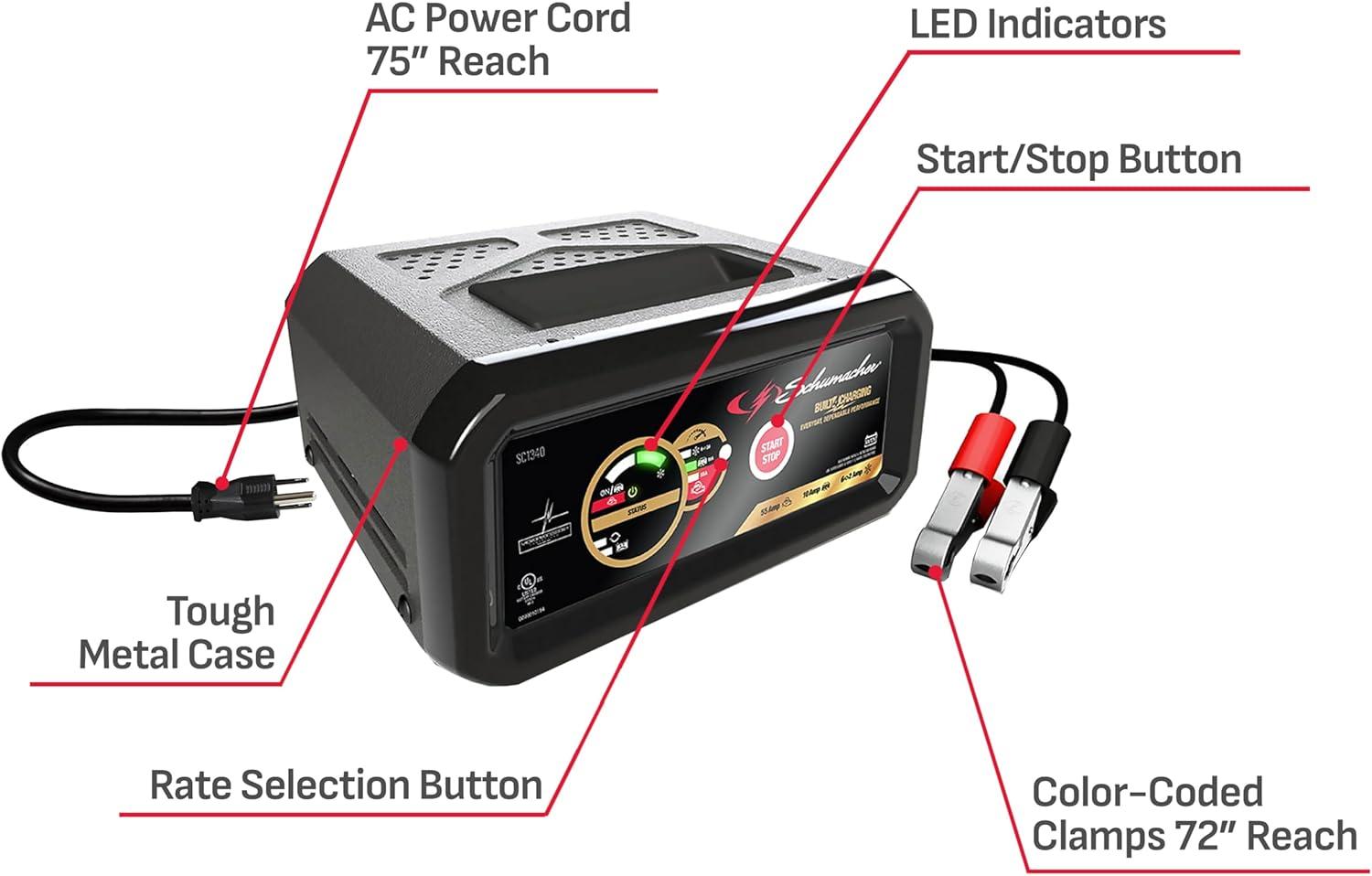 imageSchumacher Electric 6A Car Battery Charger and 55A Engine Starter 4in1 Solution Maintainer 10A Boost for 6V12V Power Sport Automotive and Marine Batteries SC1340