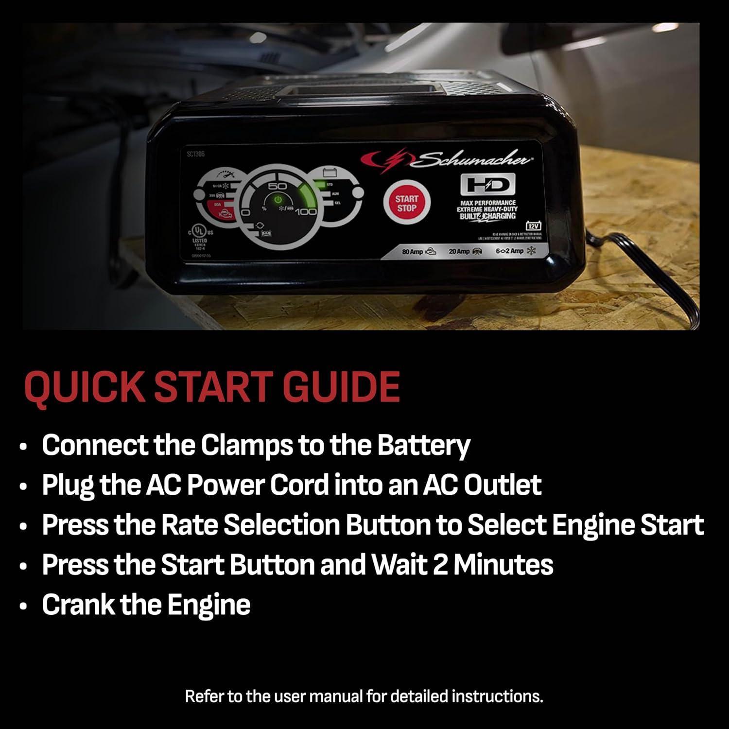 imageSchumacher Electric 6A Car Battery Charger and 80A Engine Starter 4in1 Solution Maintainer 20A Boost for 12V Power Sport Automotive and Marine Batteries SC13066A Car Battery Charger and 80A Engine Starter