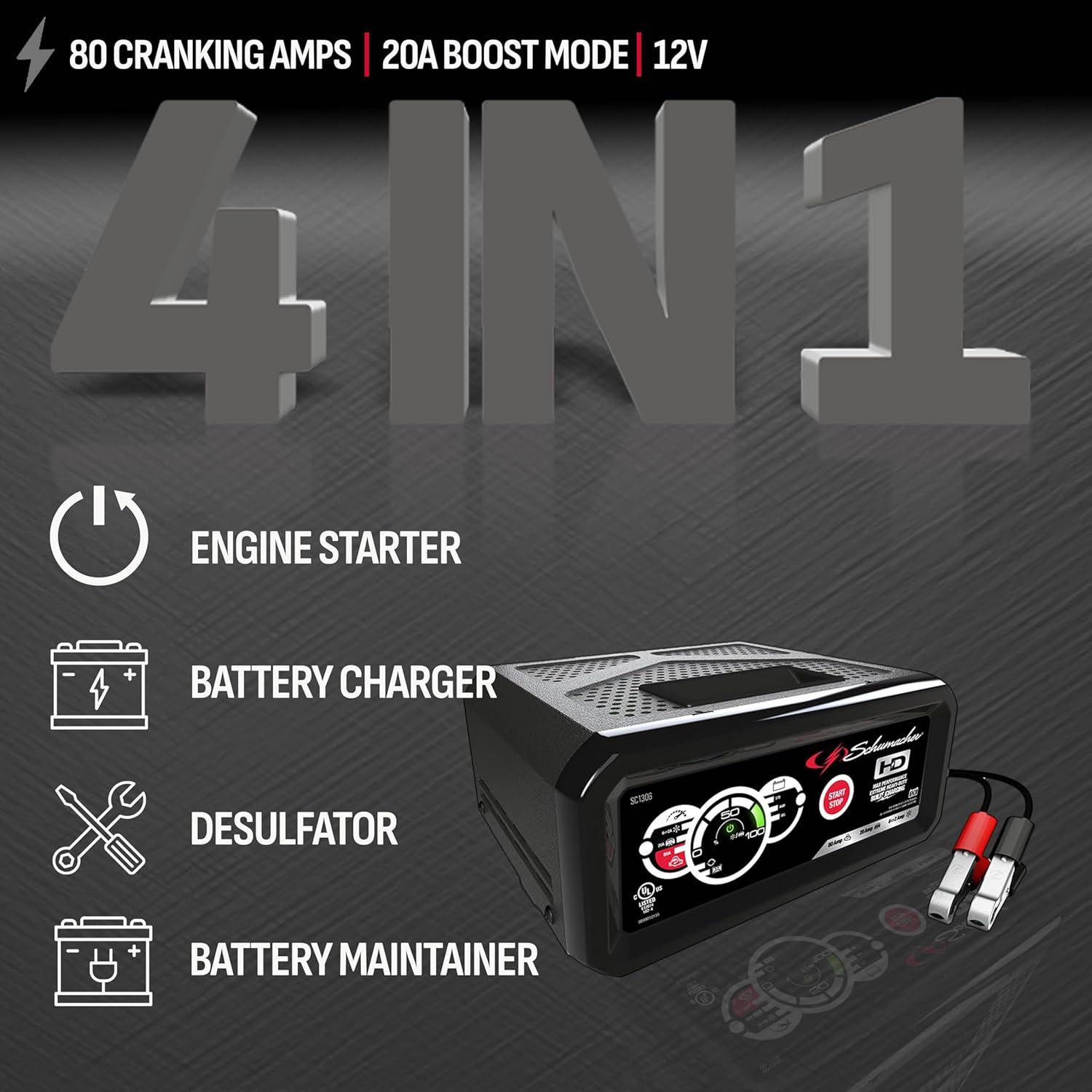 imageSchumacher Electric 6A Car Battery Charger and 80A Engine Starter 4in1 Solution Maintainer 20A Boost for 12V Power Sport Automotive and Marine Batteries SC13066A Car Battery Charger and 80A Engine Starter