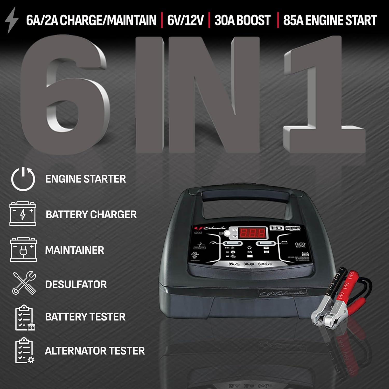 imageSchumacher Electric 6A Car Battery Charger and 85A Engine Starter 6in1 Solution Maintainer 30A Boost for 6V12V Power Sport Automotive and Marine Batteries SC1362Battery Charger and Engine Starter