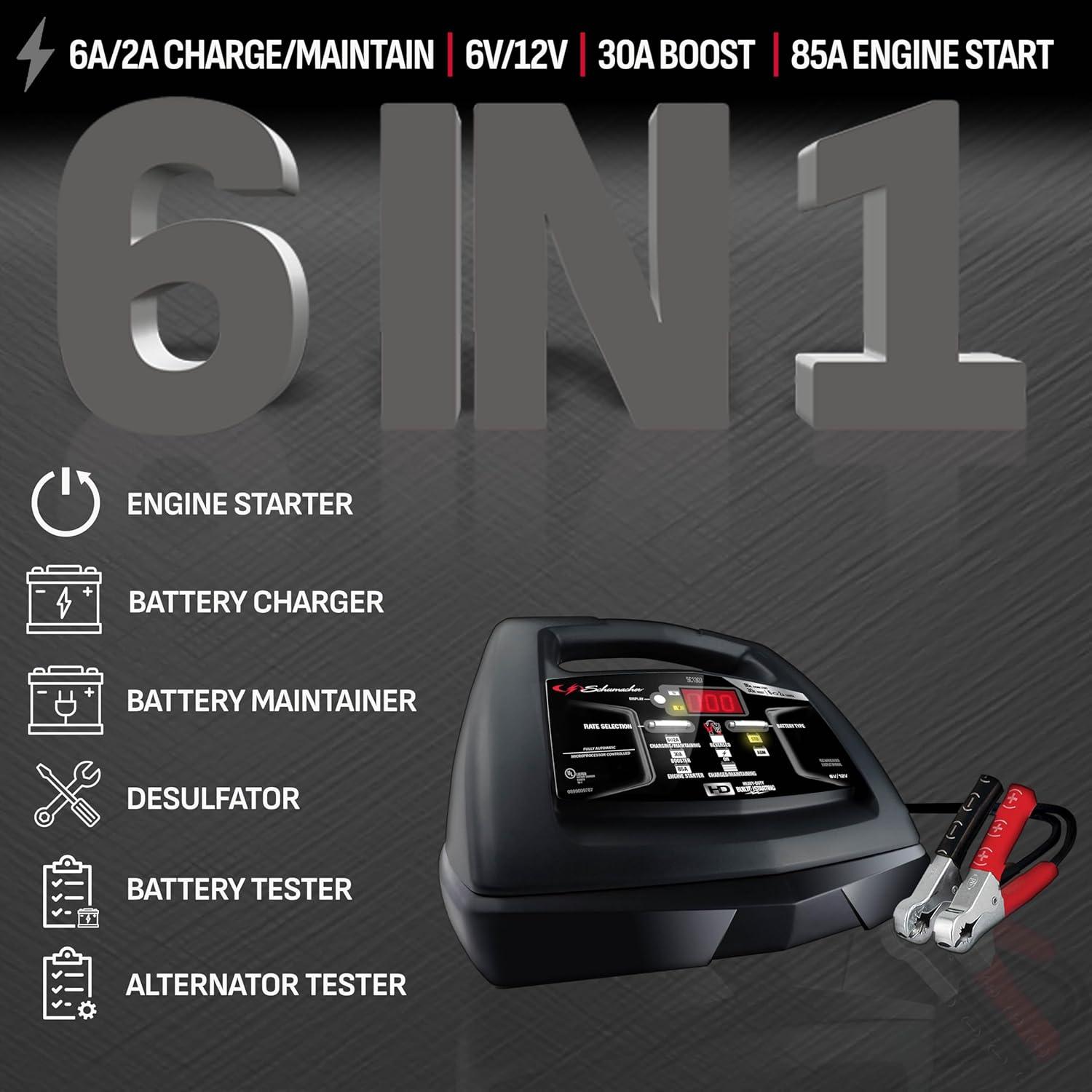 imageSchumacher Electric 6A Car Battery Charger and 85A Engine Starter 6in1 Solution Maintainer 30A Boost for 6V12V Power Sport Automotive and Marine Batteries SC1307