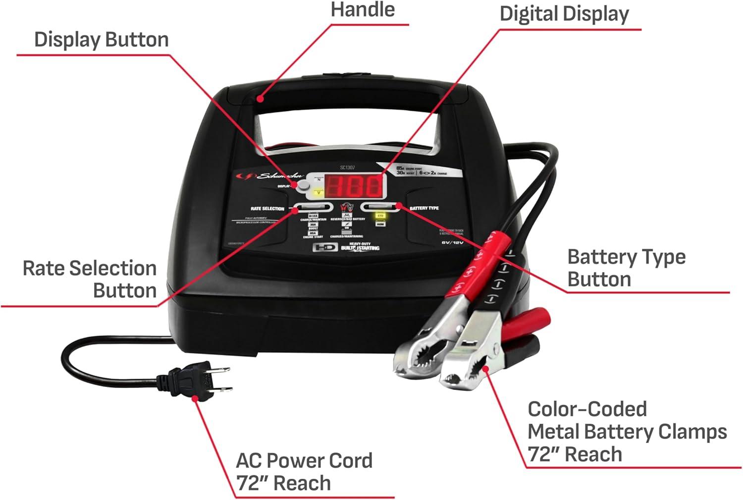 imageSchumacher Electric 6A Car Battery Charger and 85A Engine Starter 6in1 Solution Maintainer 30A Boost for 6V12V Power Sport Automotive and Marine Batteries SC1307