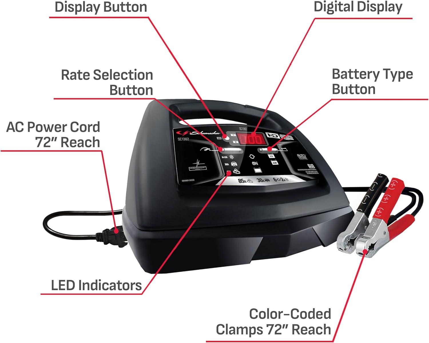 imageSchumacher Electric 6A Car Battery Charger and 85A Engine Starter 6in1 Solution Maintainer 30A Boost for 6V12V Power Sport Automotive and Marine Batteries SC1362Battery Charger and Engine Starter