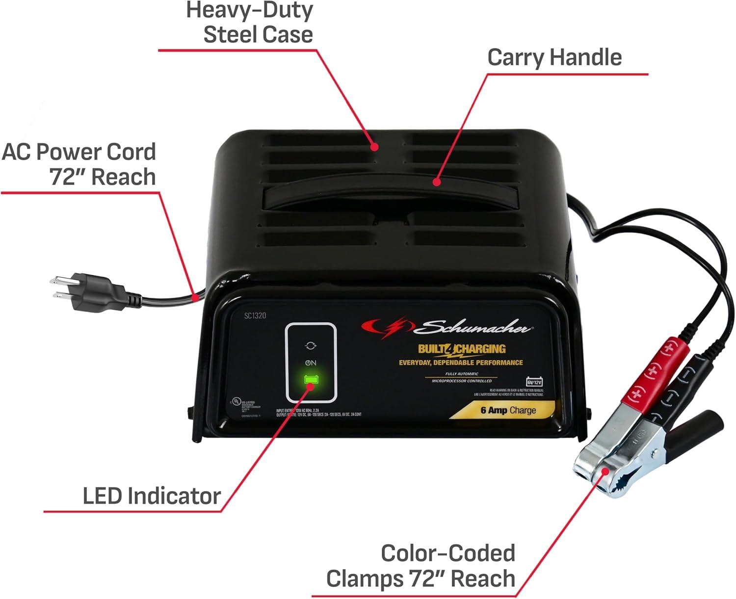 imageSchumacher Electric 6A Car Battery Charger and Maintainer 3in1 Solution for 6V12V Power Sport Automotive and Marine Batteries SC13206V12V 6A Battery Charger and Maintainer