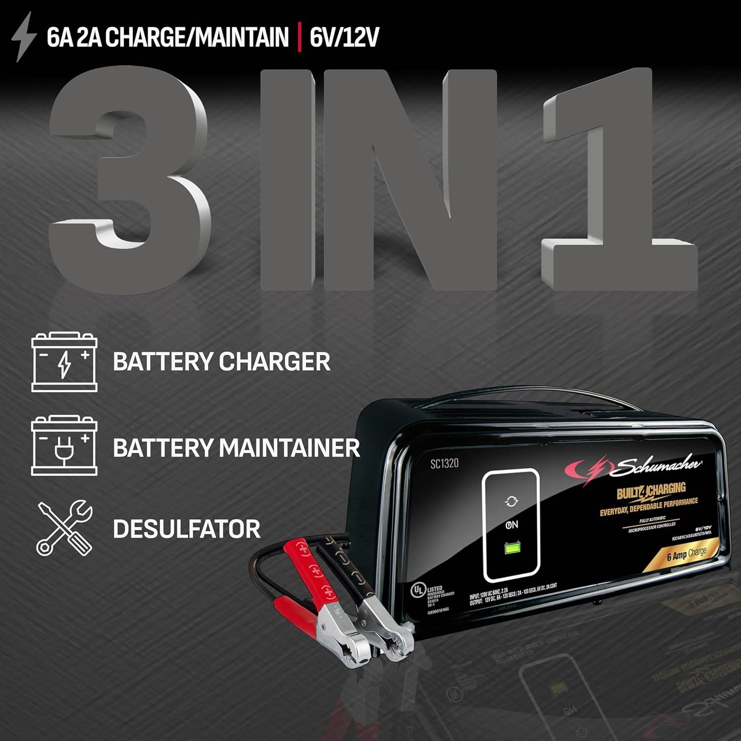 imageSchumacher Electric 6A Car Battery Charger and Maintainer 3in1 Solution for 6V12V Power Sport Automotive and Marine Batteries SC13206V12V 6A Battery Charger and Maintainer