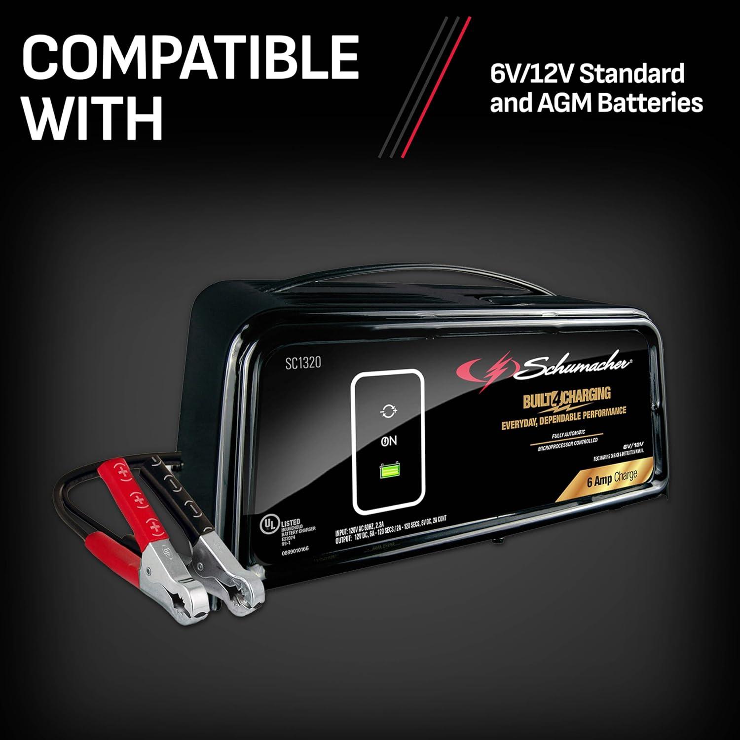imageSchumacher Electric 6A Car Battery Charger and Maintainer 3in1 Solution for 6V12V Power Sport Automotive and Marine Batteries SC13206V12V 6A Battery Charger and Maintainer