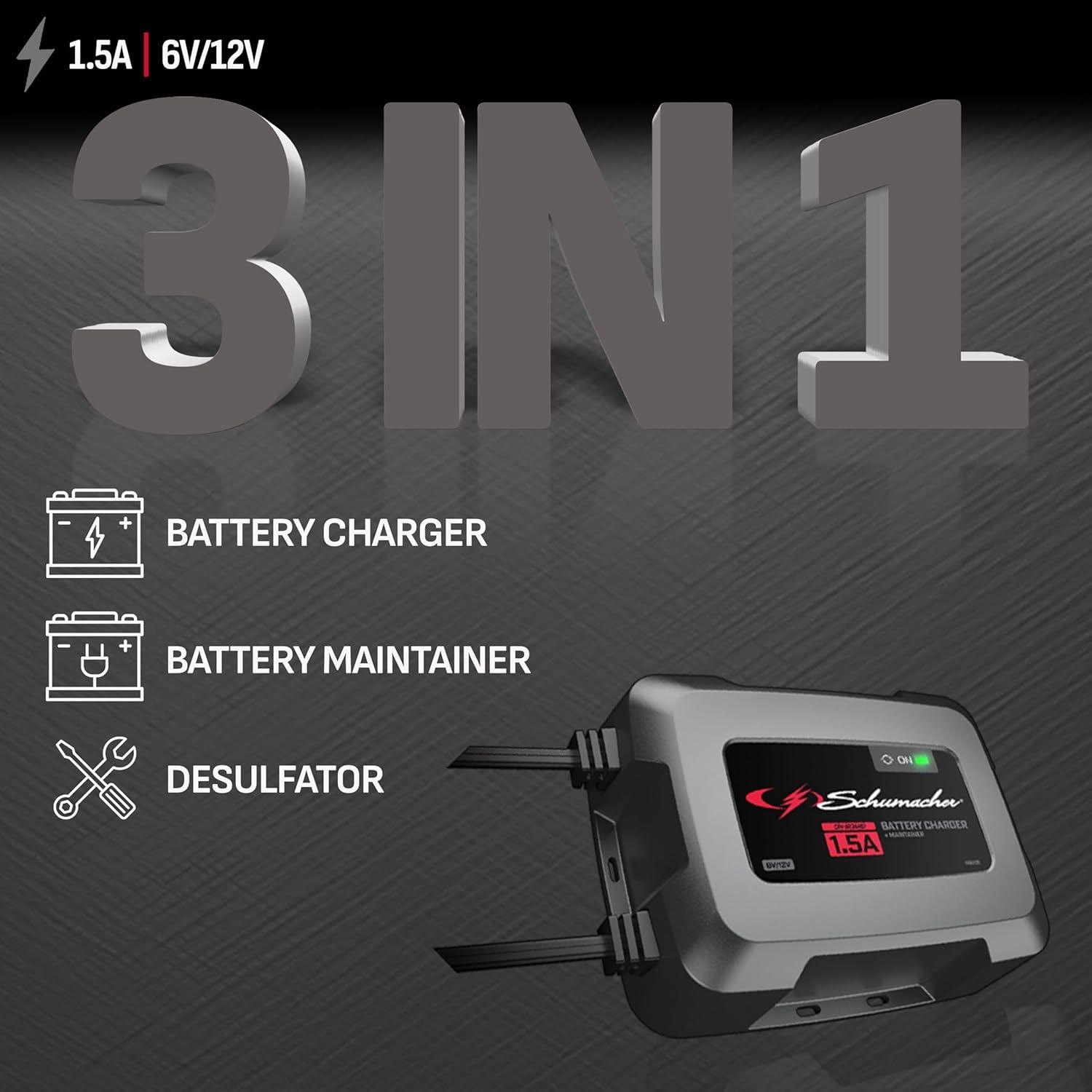 imageSchumacher Electric 6V  12V Fully Automatic Battery Charger ampamp Maintainer for Car Motorcyle Lawn Mower ampamp Power Sports Batteries  1A Fully Automatic  with MultiStage Charging  SC158615 Amp