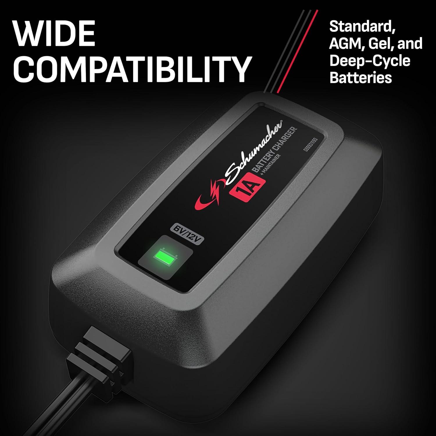 imageSchumacher Electric 6V  12V Fully Automatic Battery Charger ampamp Maintainer for Car Motorcyle Lawn Mower ampamp Power Sports Batteries  1A Fully Automatic  with MultiStage Charging  SC15861 Amp