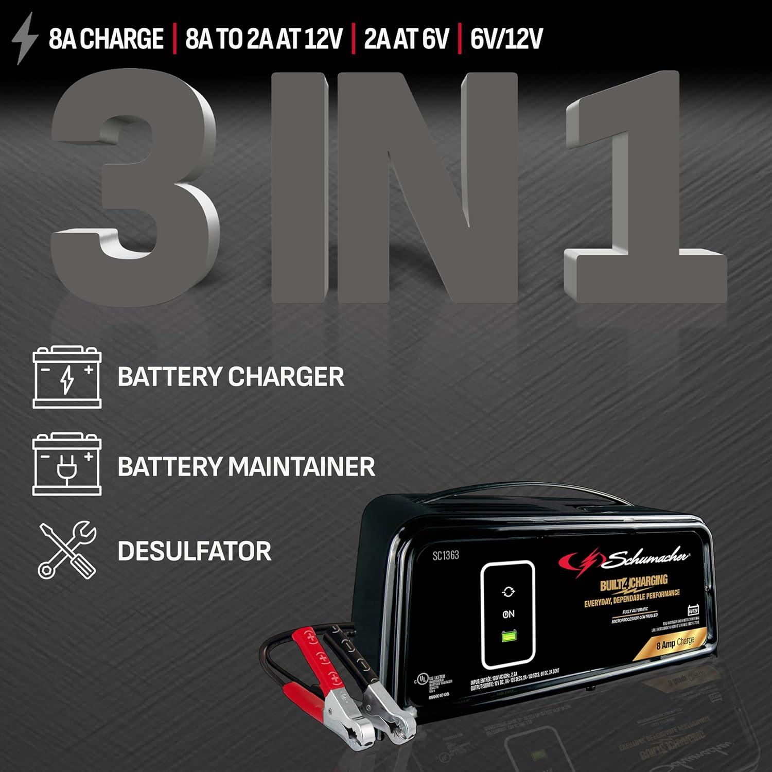imageSchumacher Electric 8A Car Battery Charger and Maintainer 3in1 Solution for 6V12V Power Sport Automotive and Marine Batteries SC1363