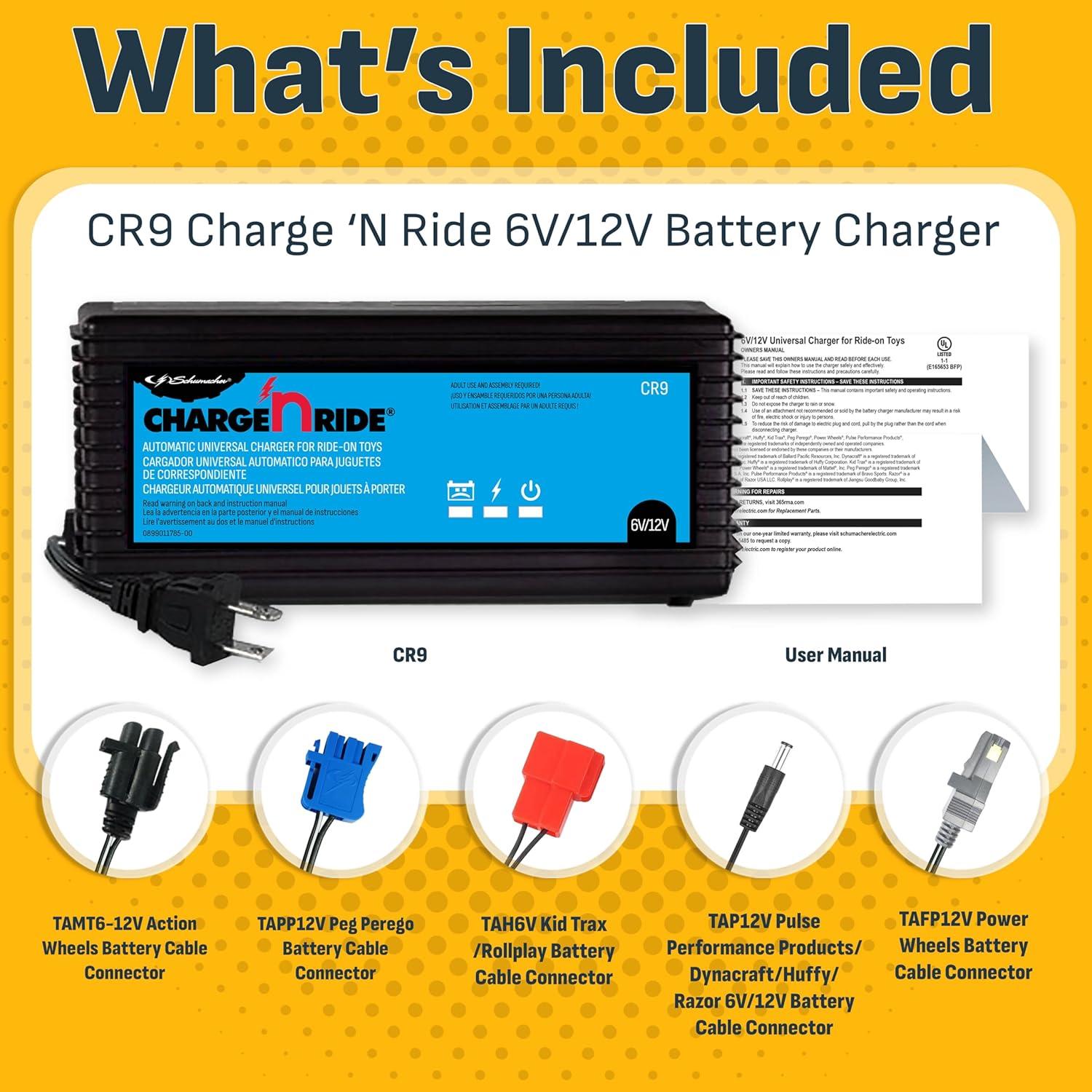 imageSchumacher Electric Charge N Ride 6V  12V Battery Charger for Ride on Toys  3Amp Fast Charge  Compatibile with Major RideonToy Brands  Comes with 5 Different Connectors CR9
