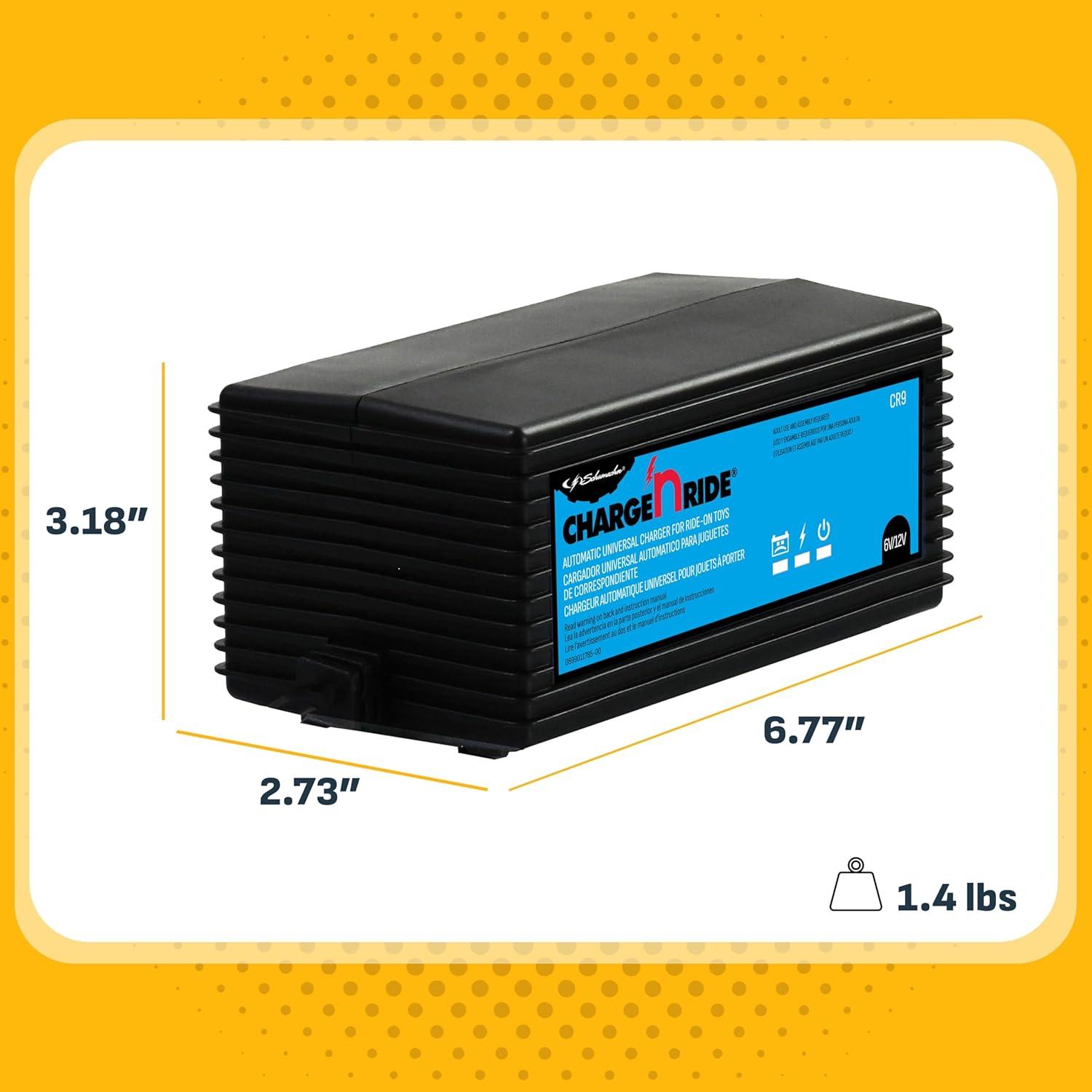 imageSchumacher Electric Charge N Ride 6V  12V Battery Charger for Ride on Toys  3Amp Fast Charge  Compatibile with Major RideonToy Brands  Comes with 5 Different Connectors CR9