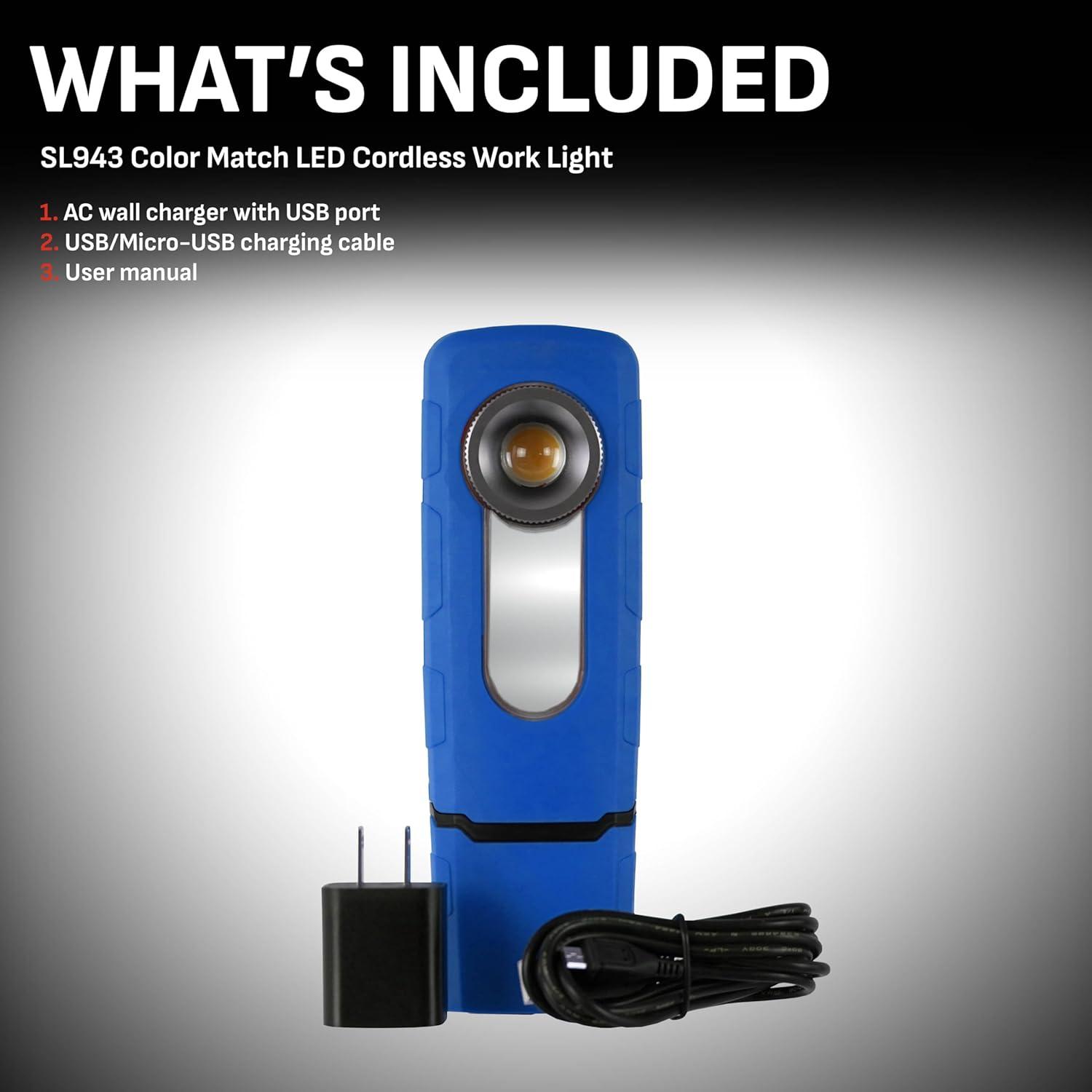 imageSchumacher Electric Color Match 400 Lumen LED Cordless Work Light 360 Degree MultiAngle Positioning 90 Degree Tilt 95 CRI Water Resistant SL943