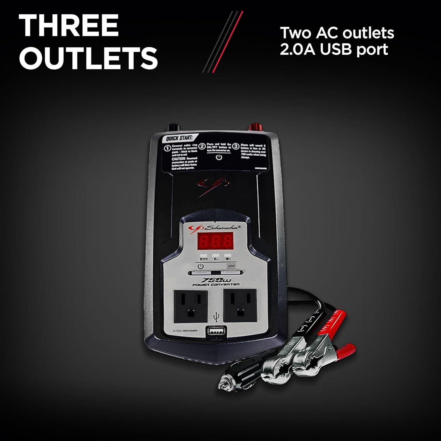 imageSchumacher Electric DC to AC Power Converter XI75DU 750 Continuous Watts 1500 Peak Wats 2 AC Outlets 2 Amp USB Port